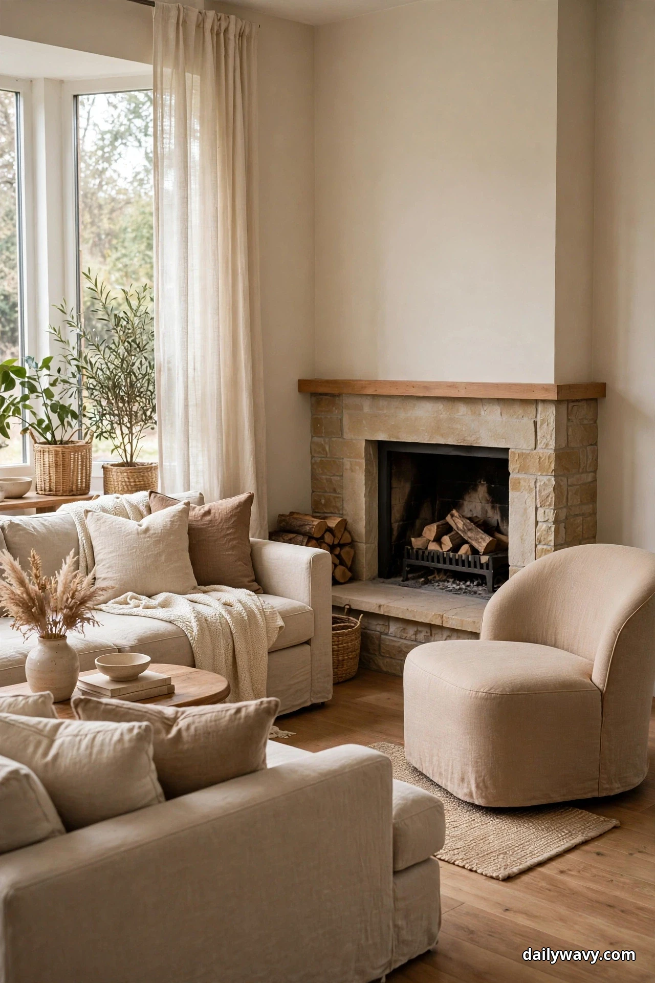 An armless cream slipper chair sits at the open end of the seating, angled toward a stone corner fireplace beside a beige sofa