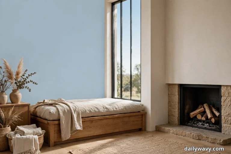 A wide view shows a low wooden storage bench with a linen cushion tucked beneath a tall window beside a stone corner fireplace stacked with logs