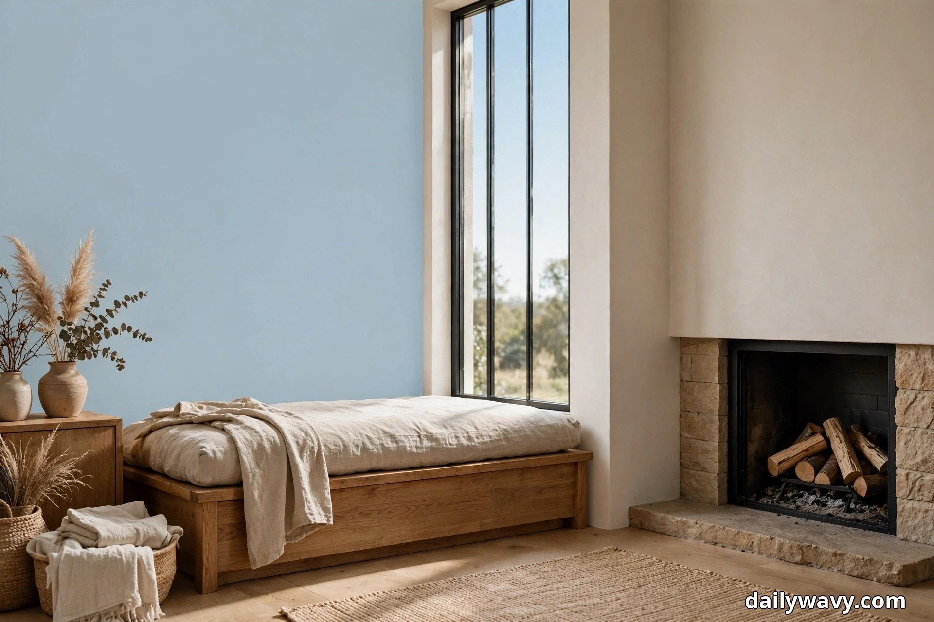 A wide view shows a low wooden storage bench with a linen cushion tucked beneath a tall window beside a stone corner fireplace stacked with logs