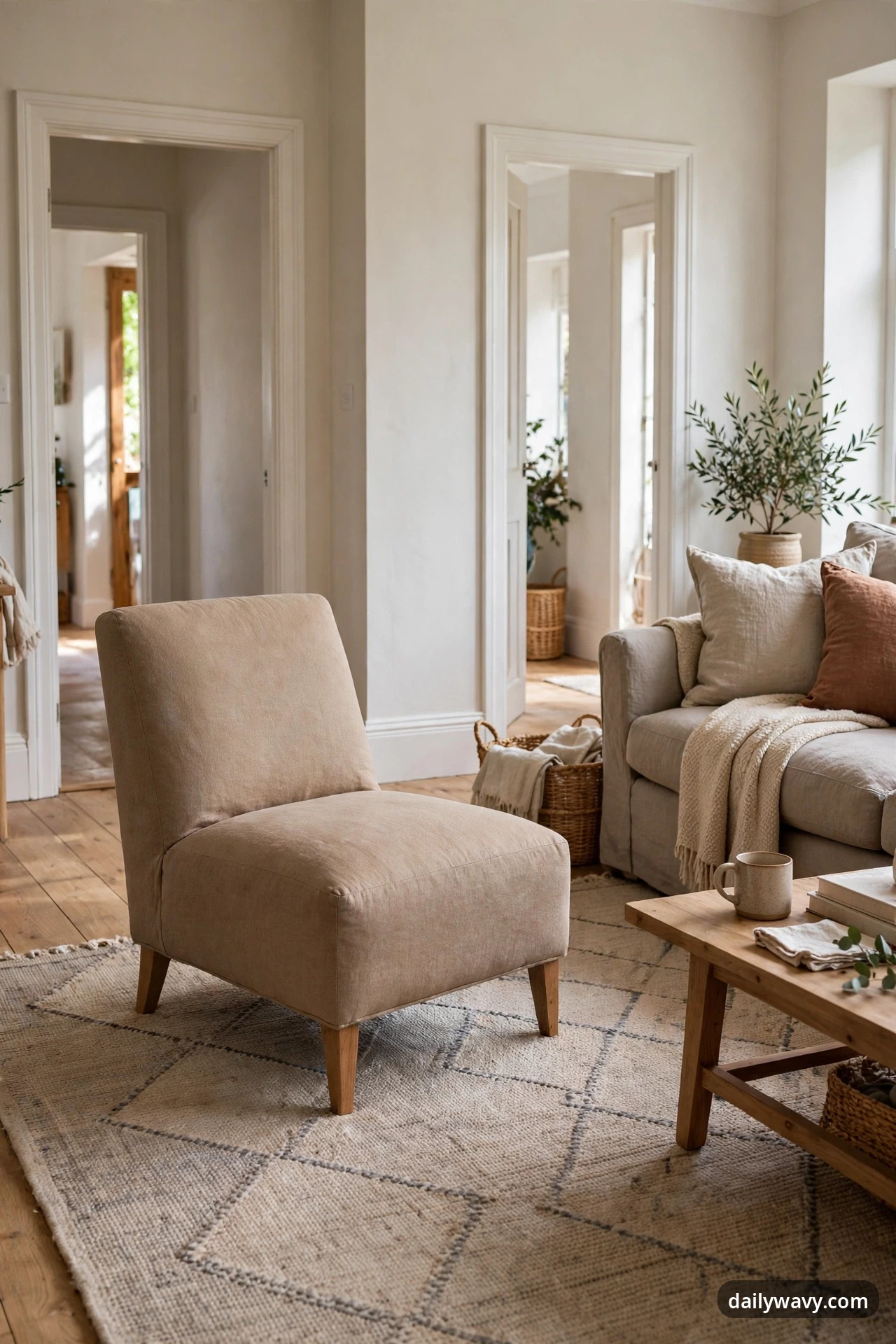 A closer view shows a beige armless slipper chair on a patterned woven rug angled toward a beige sofa with cream and rust cushions, a wood coffee table in front of the sofa, and two white-trimmed doorways in the wall behind.