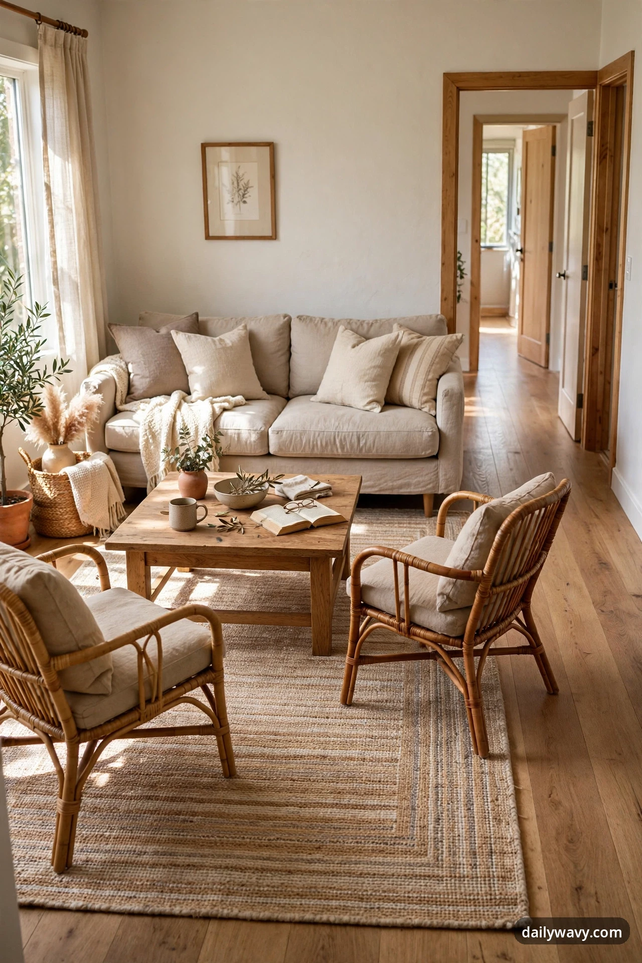 A large textured flat-weave rug in warm beige tones defines the seating zone under a beige sofa and two rattan armchairs around a rustic wood coffee table, leaving the wood floor beside it bare as a walking lane past an open doorway.