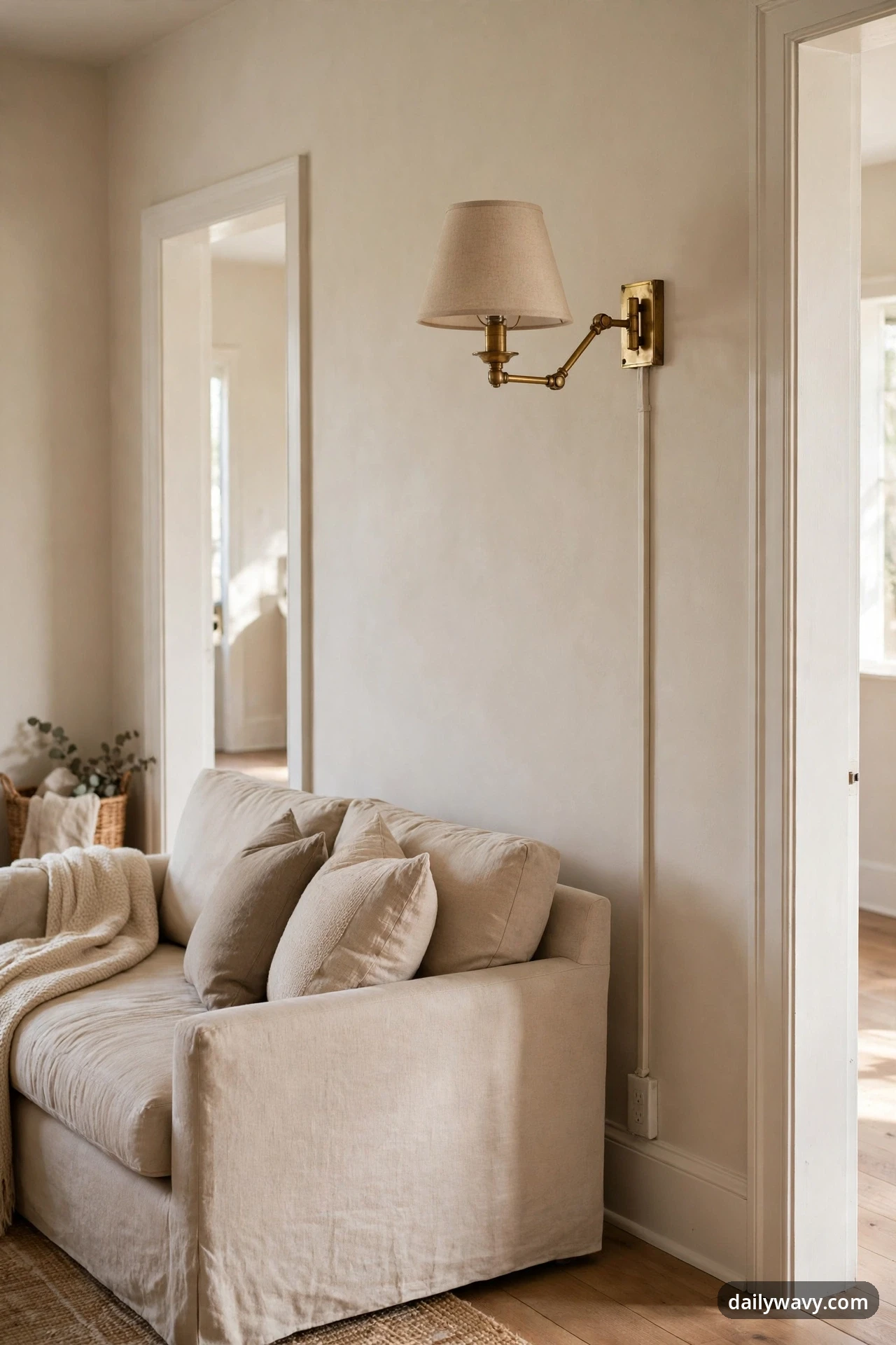A brass swing-arm wall lamp with a beige linen shade is mounted on the wall above the arm of a beige sofa, its white cord cover running straight down the wall to an outlet, with a doorway visible on each side.