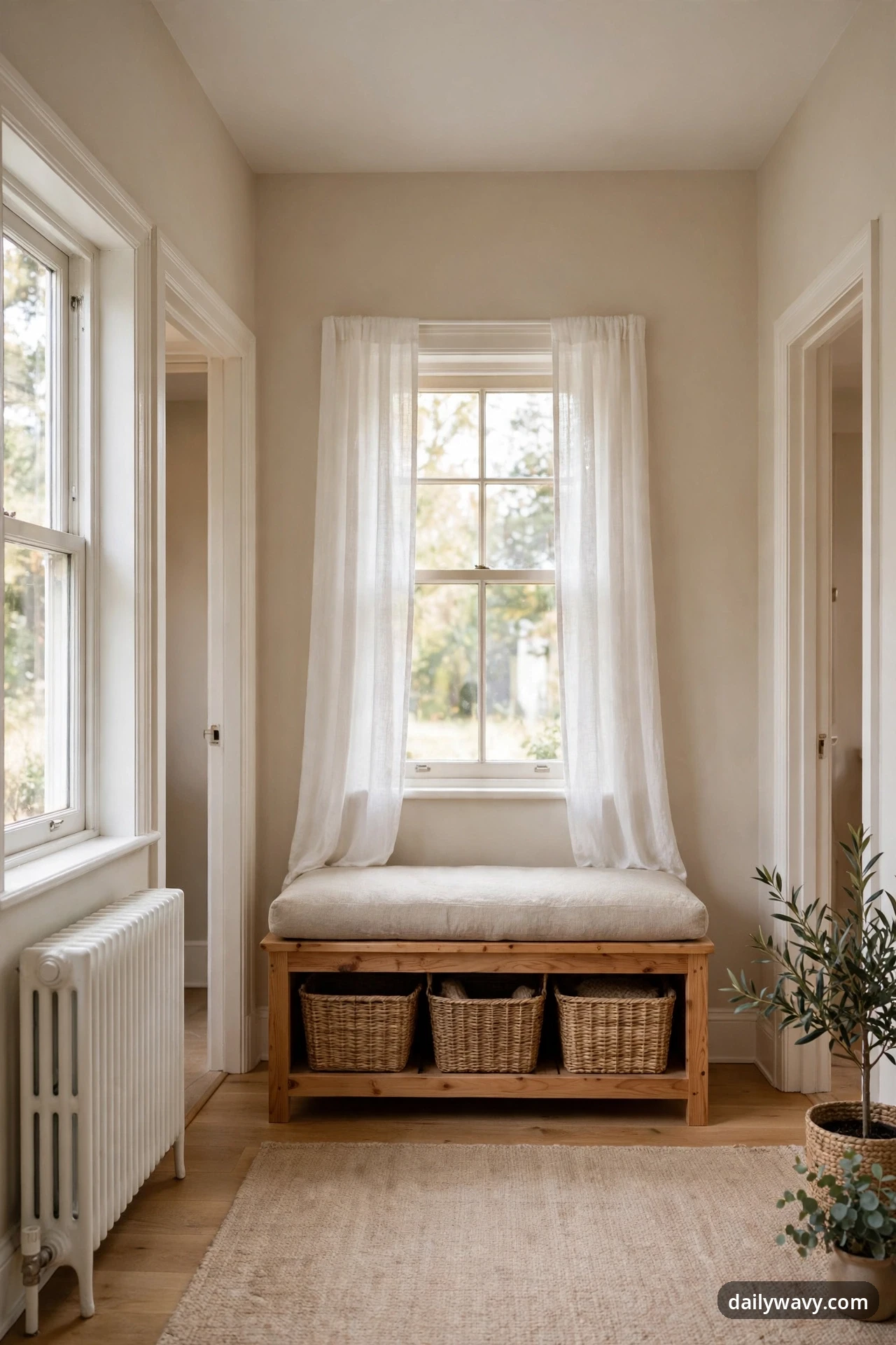 A light wood storage bench with a thick cream cushion and three woven baskets underneath sits below a tall window with sheer white curtains, with a white radiator on the side wall and a doorway on each side.