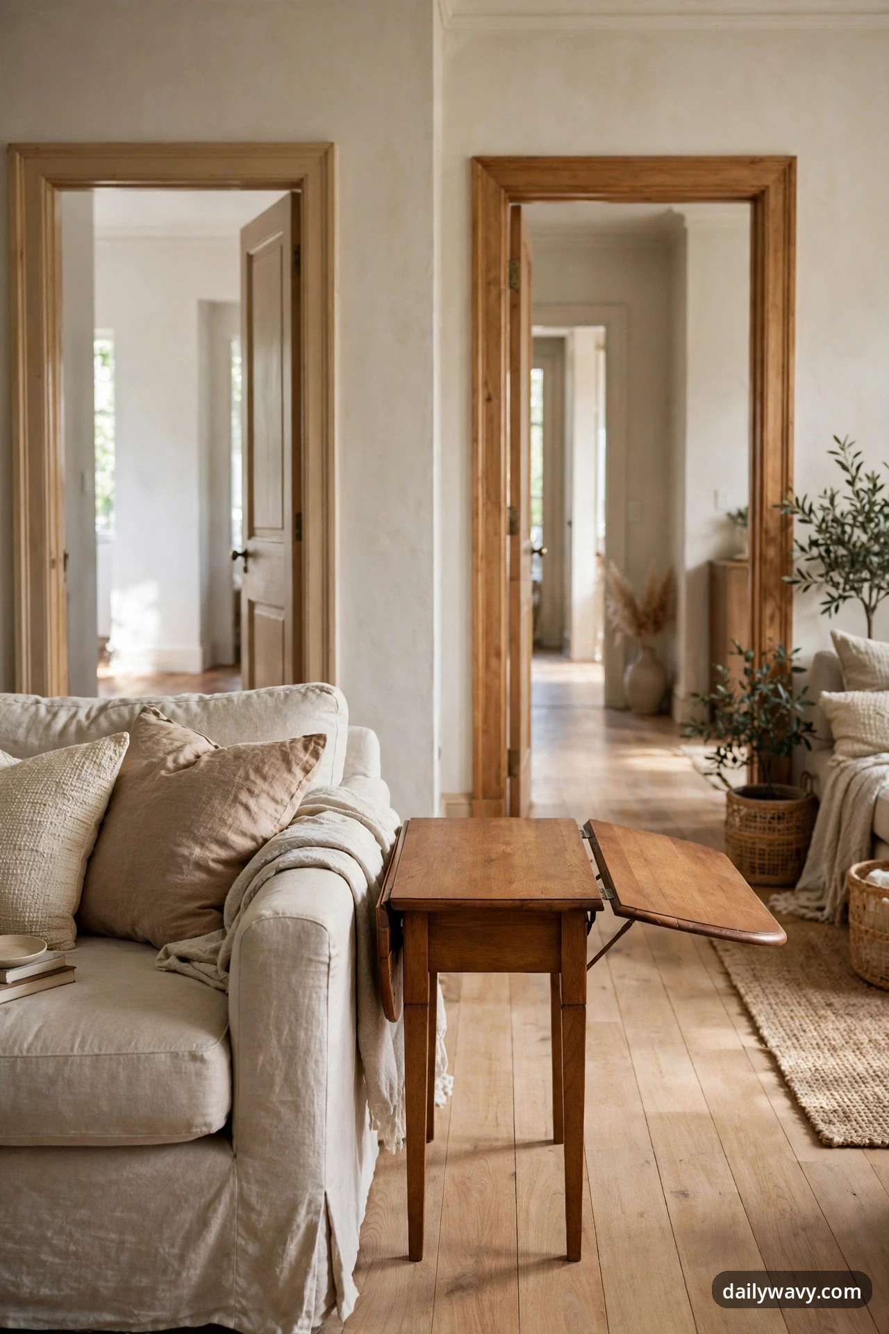 A wooden drop-leaf table with one leaf raised stands beside the arm of a beige linen sofa, with two wood-framed doorways opening onto a hallway behind it.