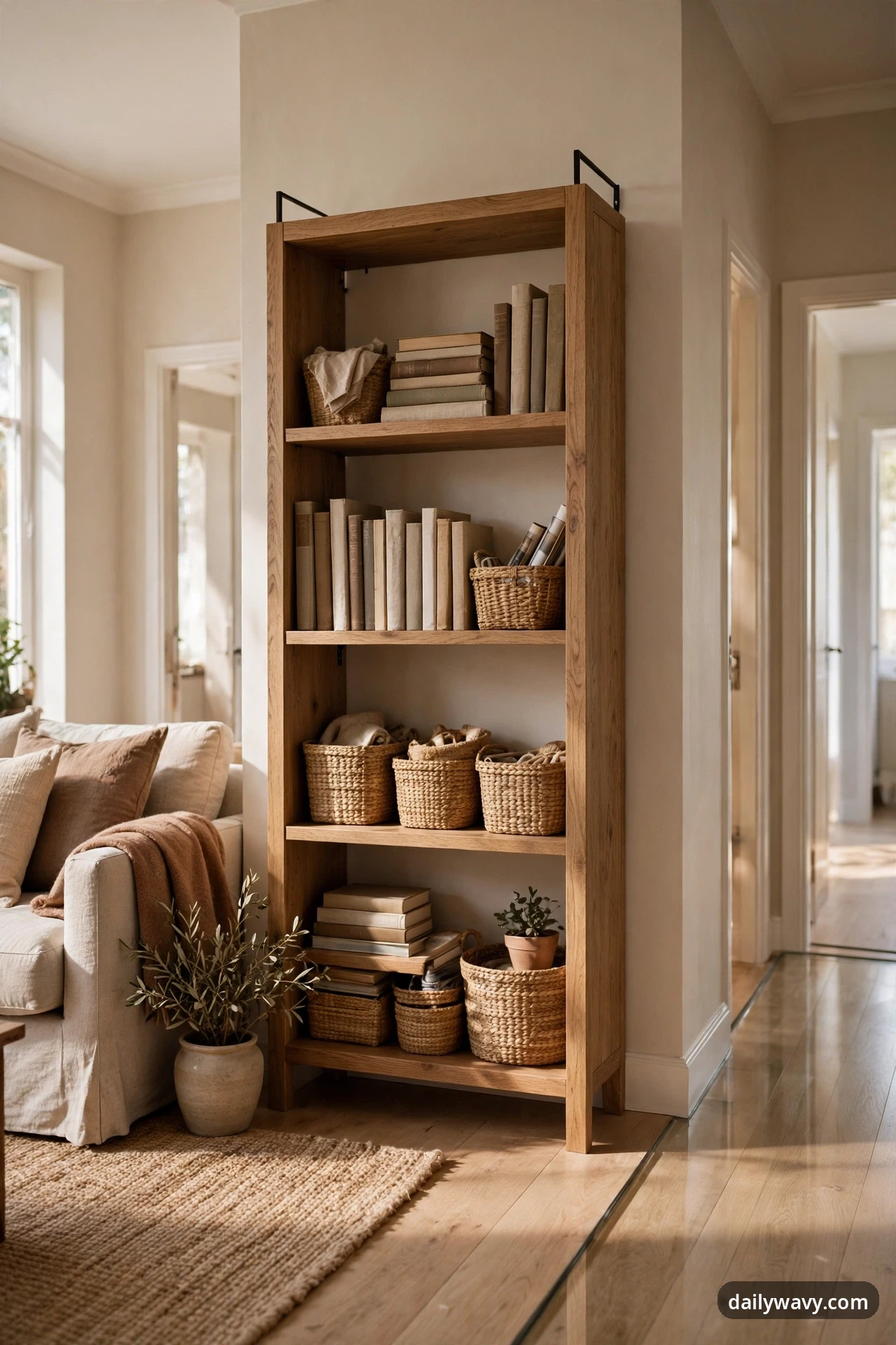 A tall light-wood bookcase filled with books and woven baskets stands at the edge of the seating zone beside a beige sofa, marking the boundary before a hallway with doorways beyond.