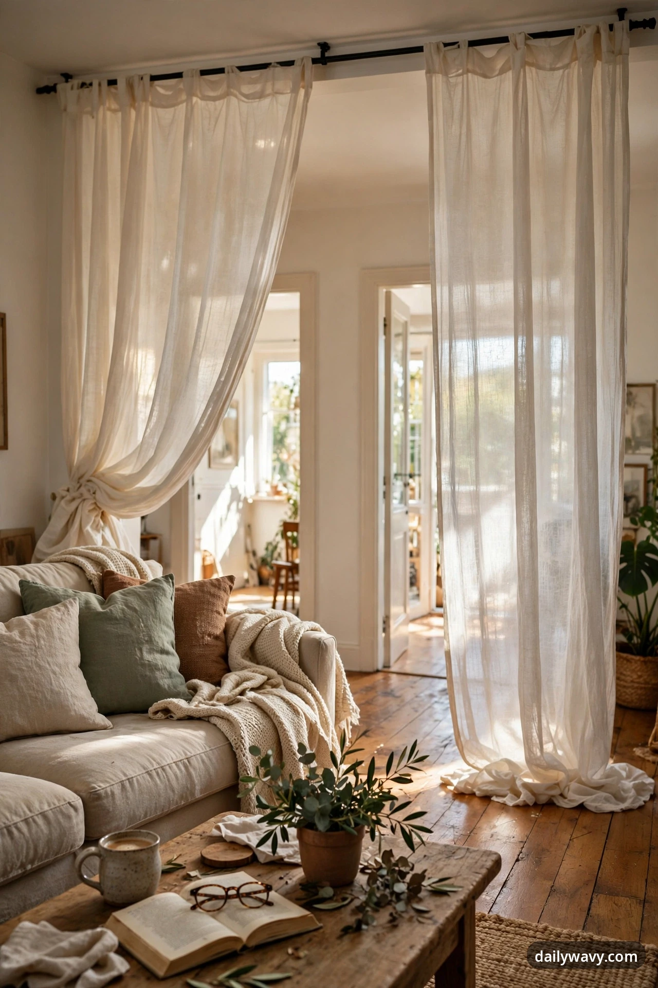 Sheer cream curtains hang from a black ceiling-mounted rail across the room, one panel tied back, softening the divide between a beige sofa with cushions and throws in front and the doorways behind.