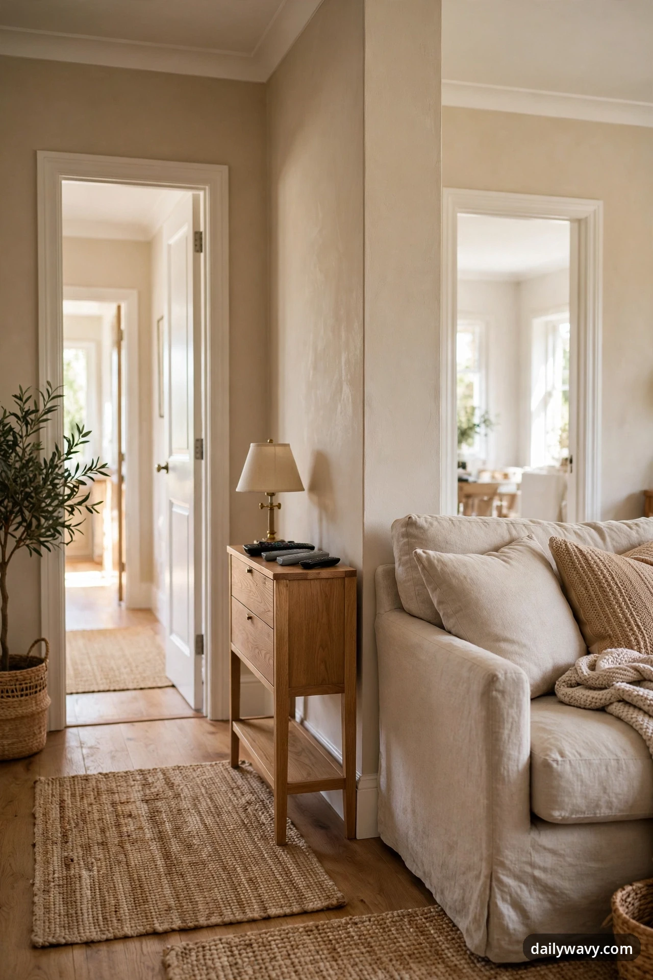 A narrow light-wood console with two drawers and a low shelf stands against the wall beside a beige sofa, holding a small brass lamp and remote controls, with an open doorway to the left.