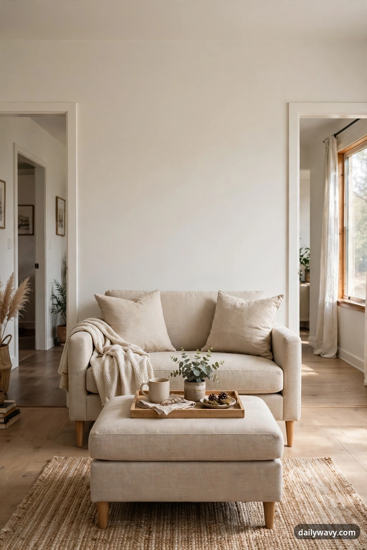 A compact beige loveseat with two cushions and a draped knit throw faces a matching upholstered ottoman on a woven jute rug, the ottoman topped with a wood tray holding a mug and a small potted plant, with a doorway on each side.