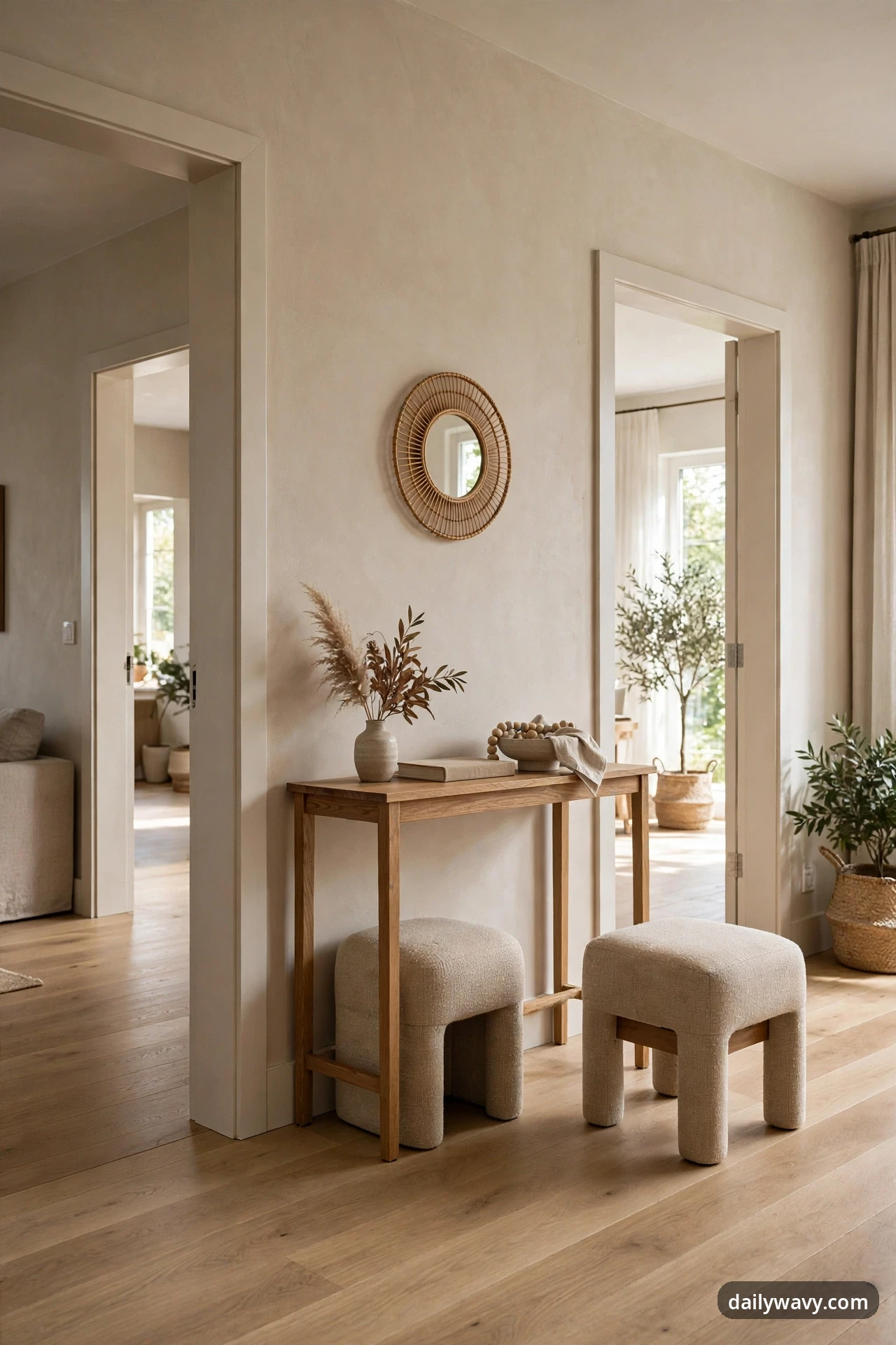Two cream boucle stools tuck under and beside a narrow wood console table on the wall between two doorways, beneath a round rattan mirror.