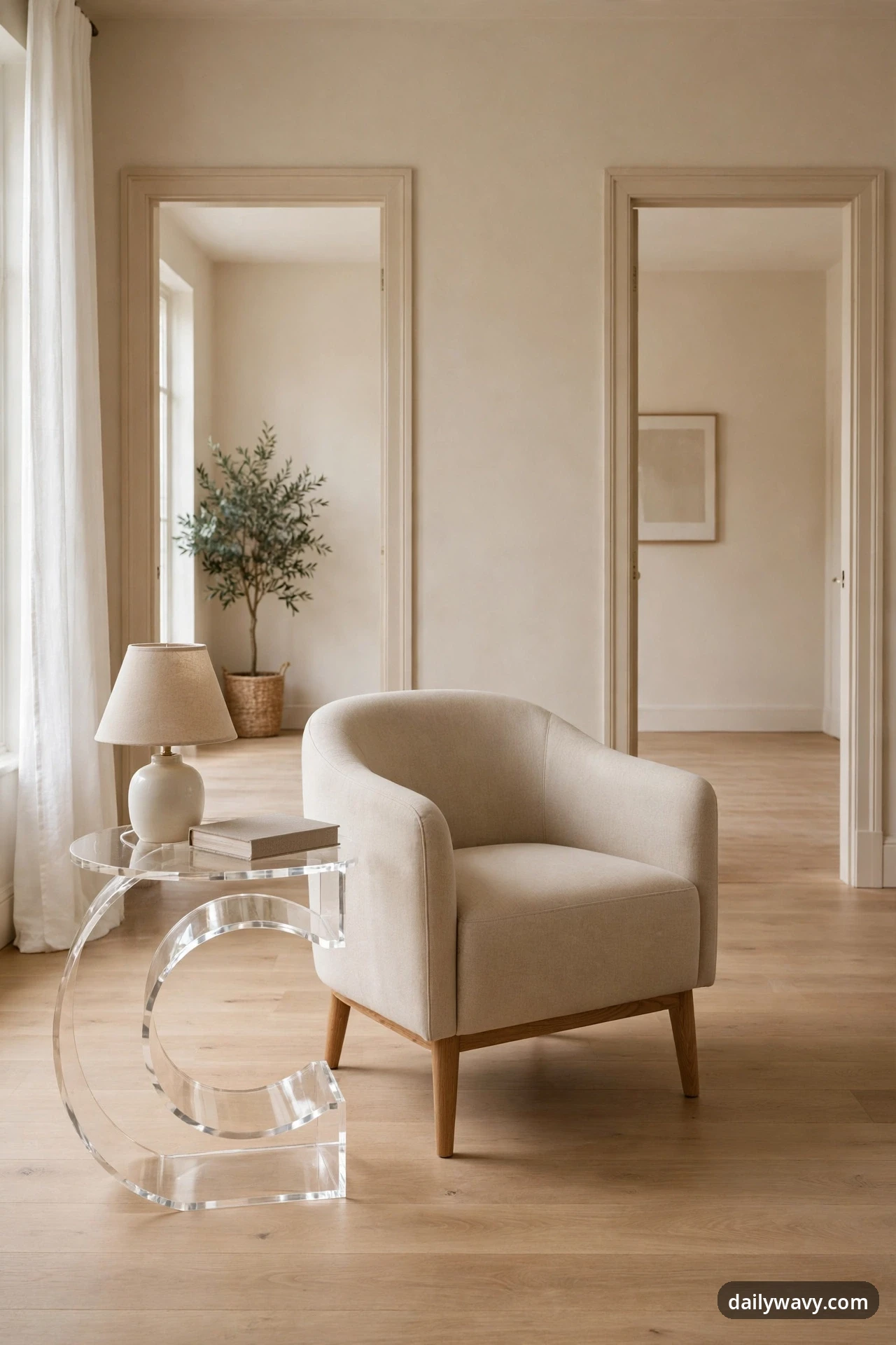 A clear acrylic C-shaped side table holding a white ceramic lamp and a book stands beside a beige barrel-back accent chair on a light wood floor, with two open doorways in the wall behind.