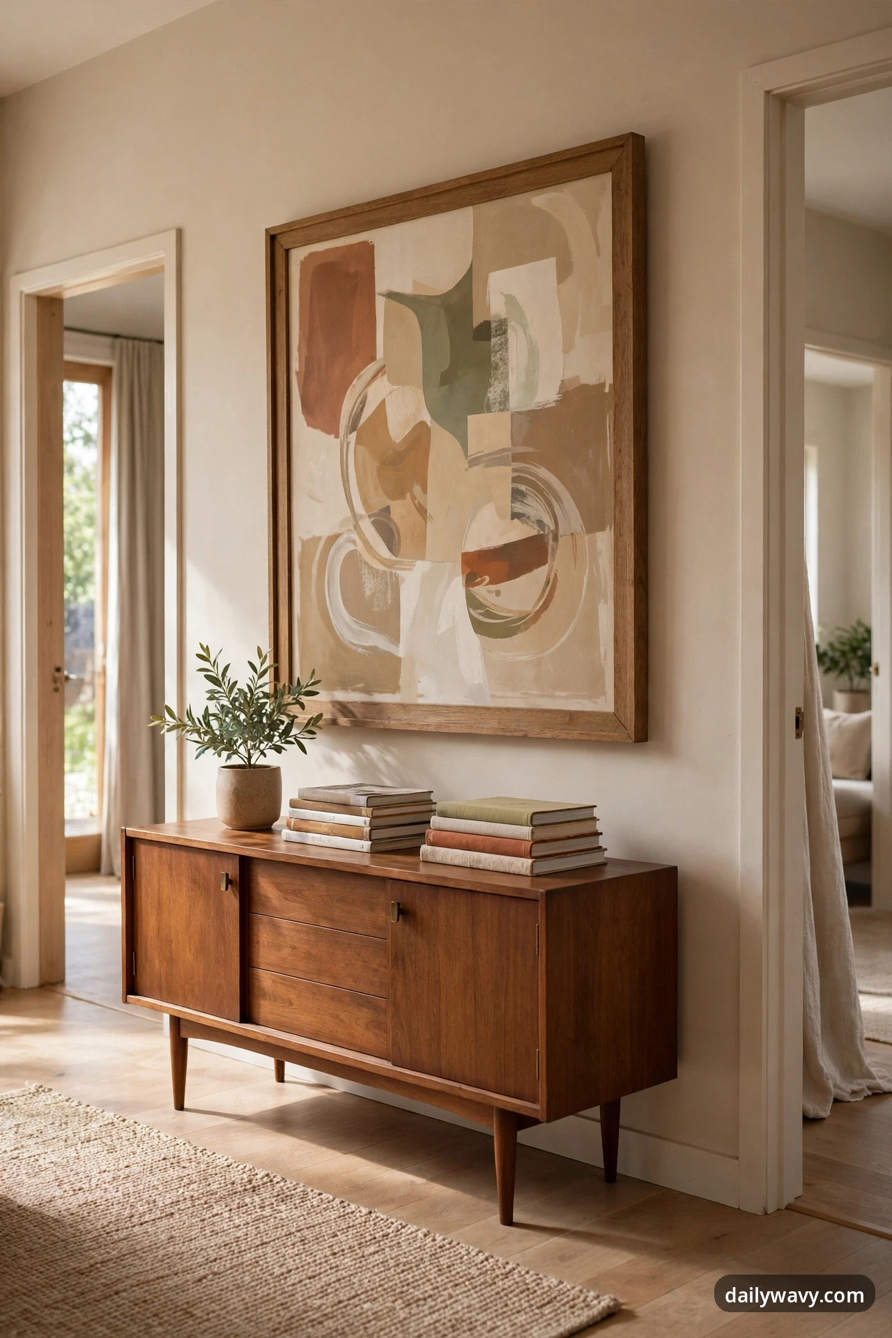 A low walnut sideboard with book stacks and a small potted plant stands beneath a large framed abstract painting in rust, sage, and cream on the wall between two doorways.