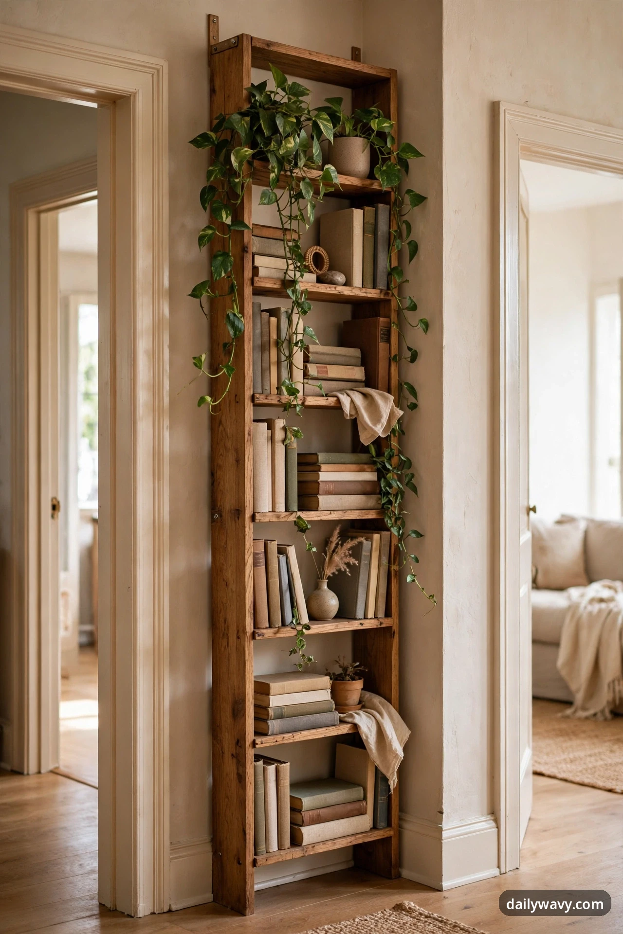 A tall, narrow rustic wood bookshelf packed with books and a trailing pothos fills the slim wall between two doorways, its shelves reaching nearly to the ceiling.