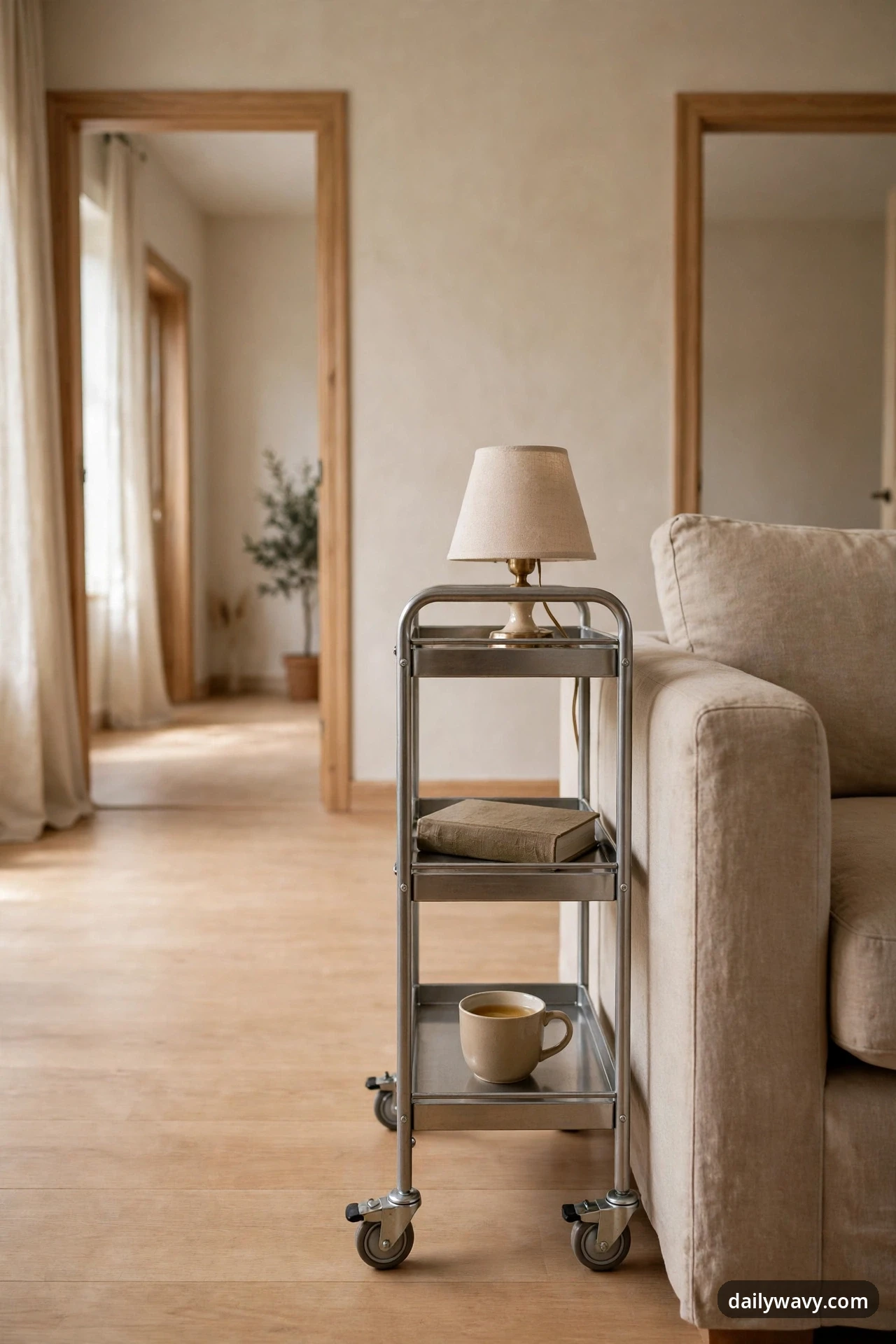 A silver metal three-tier rolling cart with locking casters stands beside the arm of a beige sofa, holding a small shaded lamp on top, a book on the middle tray, and a mug on the bottom tray, with two wood-framed doorways behind.