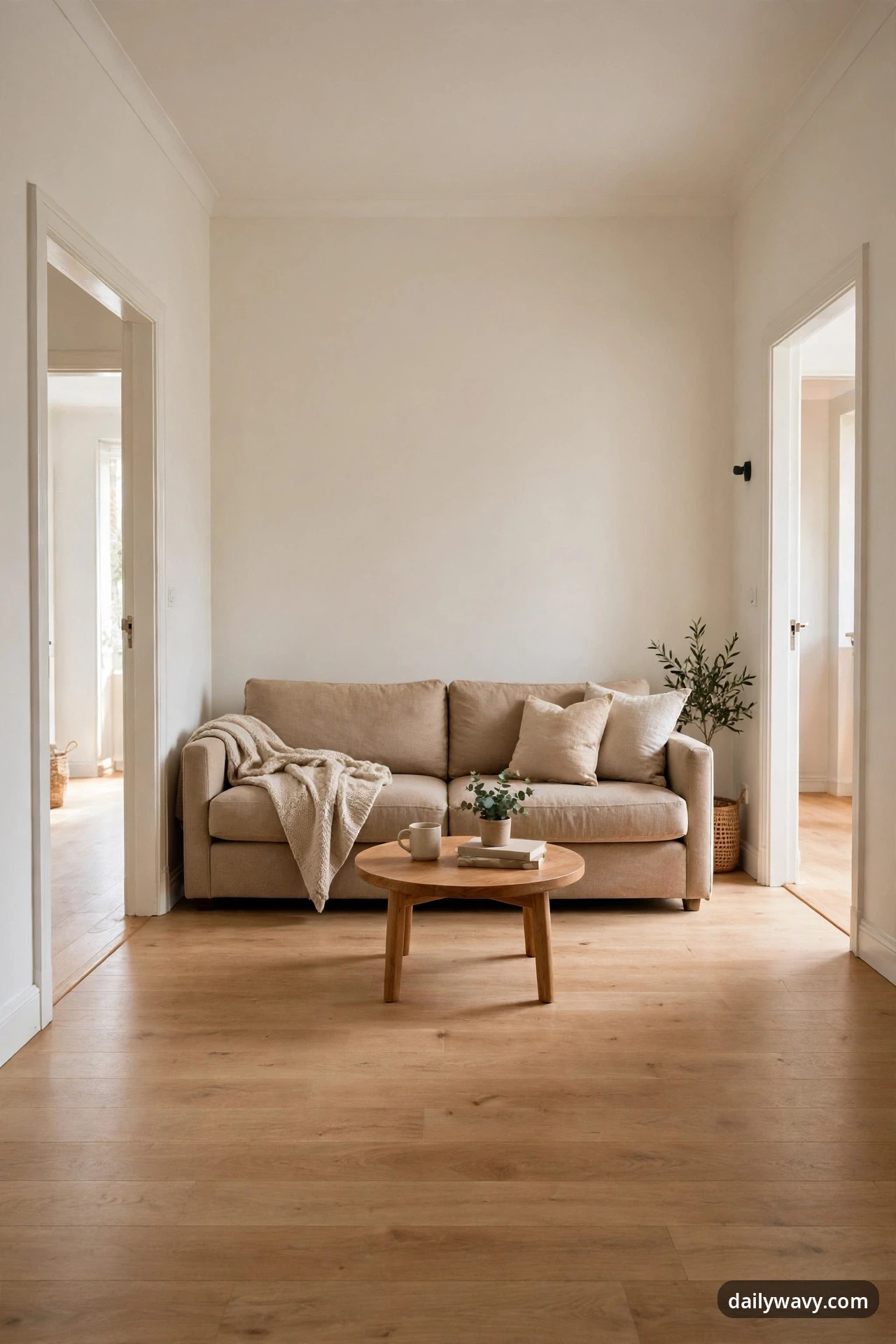 A beige two-seat sofa sits flat against the back wall between doorways on both side walls, with a round wood coffee table holding a mug, books, and a small plant in front of it on the bare wood floor.