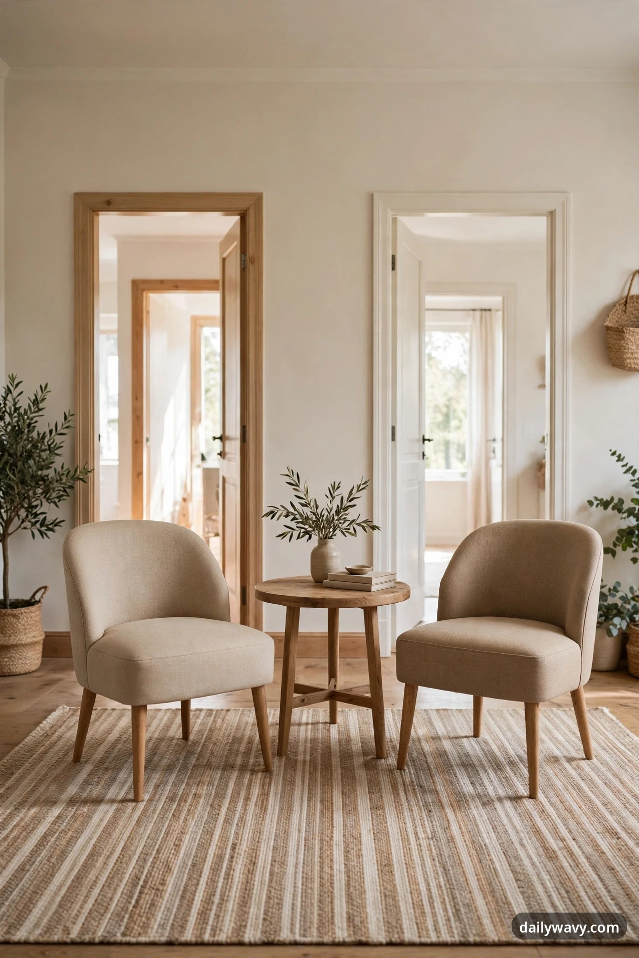 Two beige armless accent chairs face each other across a small round wood table with a vase of olive branches, all on a striped woven rug, with two open doorways in the wall behind.