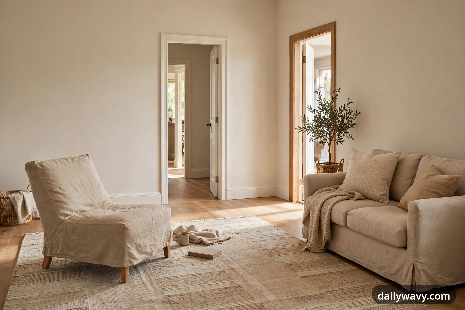A wide view of a warm neutral living room shows a beige linen slipper chair on a woven cream rug facing a skirted beige sofa with cushions and a knit throw, with two open doorways behind them and an olive tree in a wicker basket beside the wood-framed doorway.