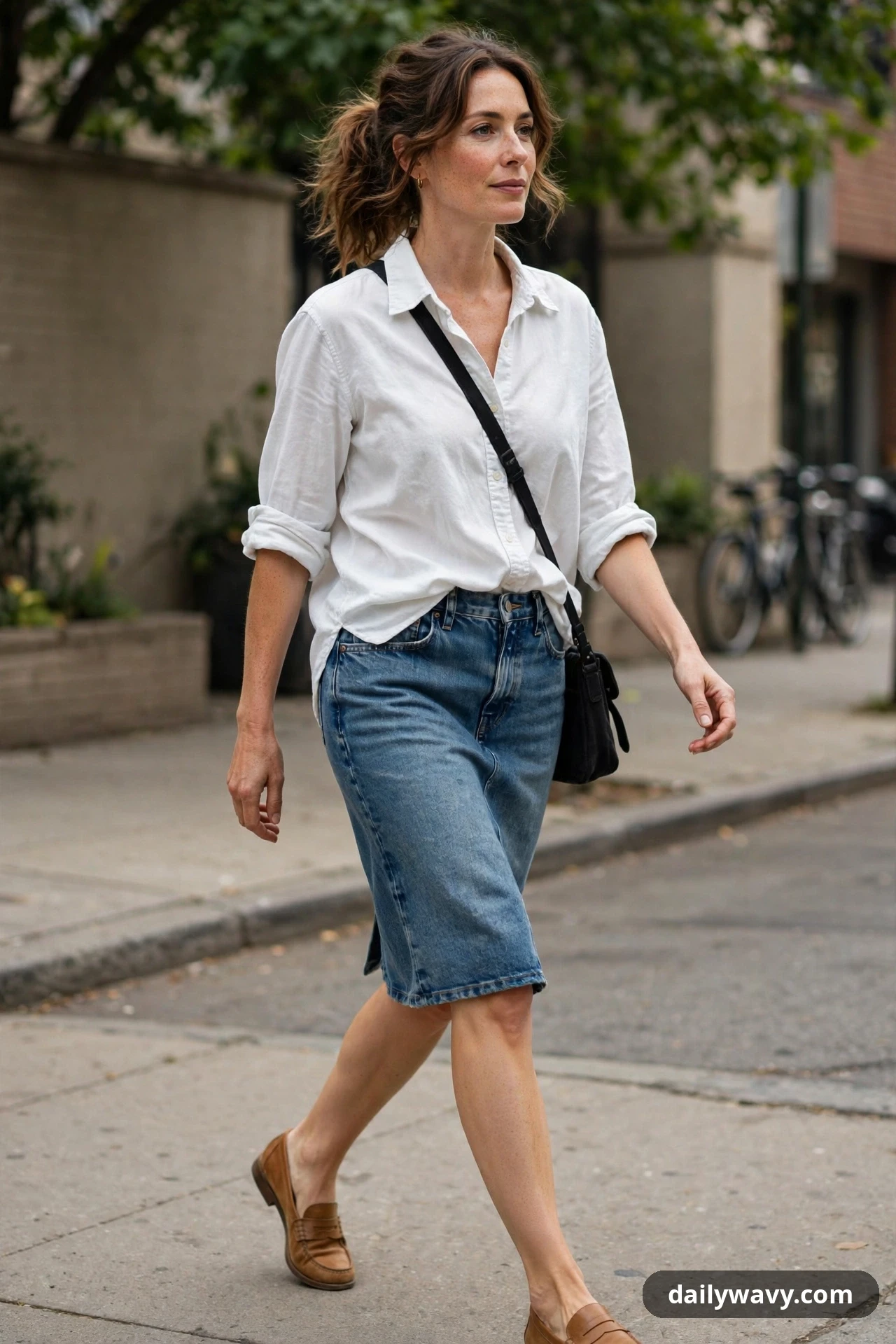 A woman walks in a knee-length medium-wash denim skirt and a white relaxed shirt with sleeves rolled to the forearm, wearing tan loafers.
