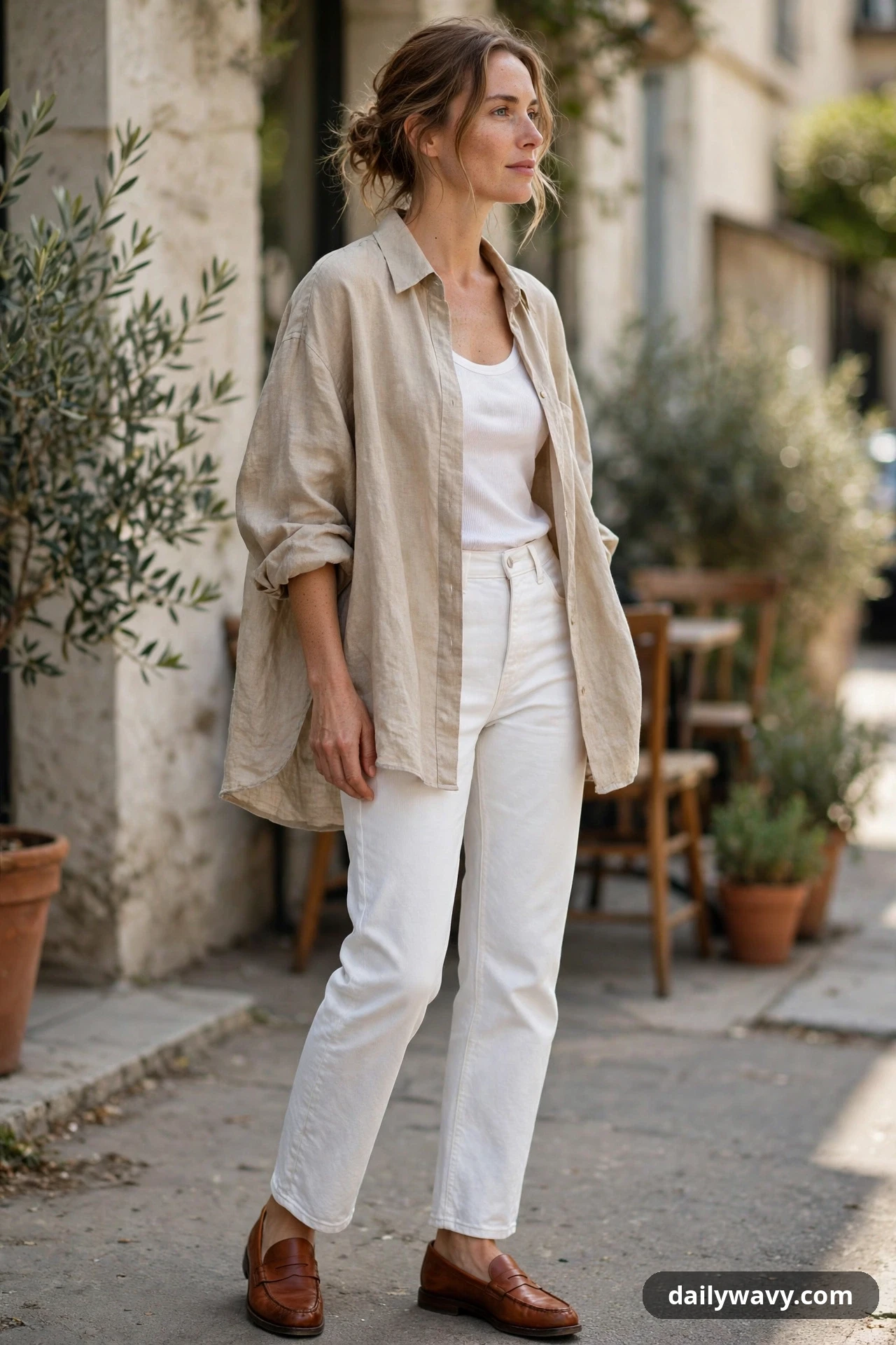 A woman wears white straight jeans and an oversized natural linen shirt open over a white tank, finished with cognac loafers.