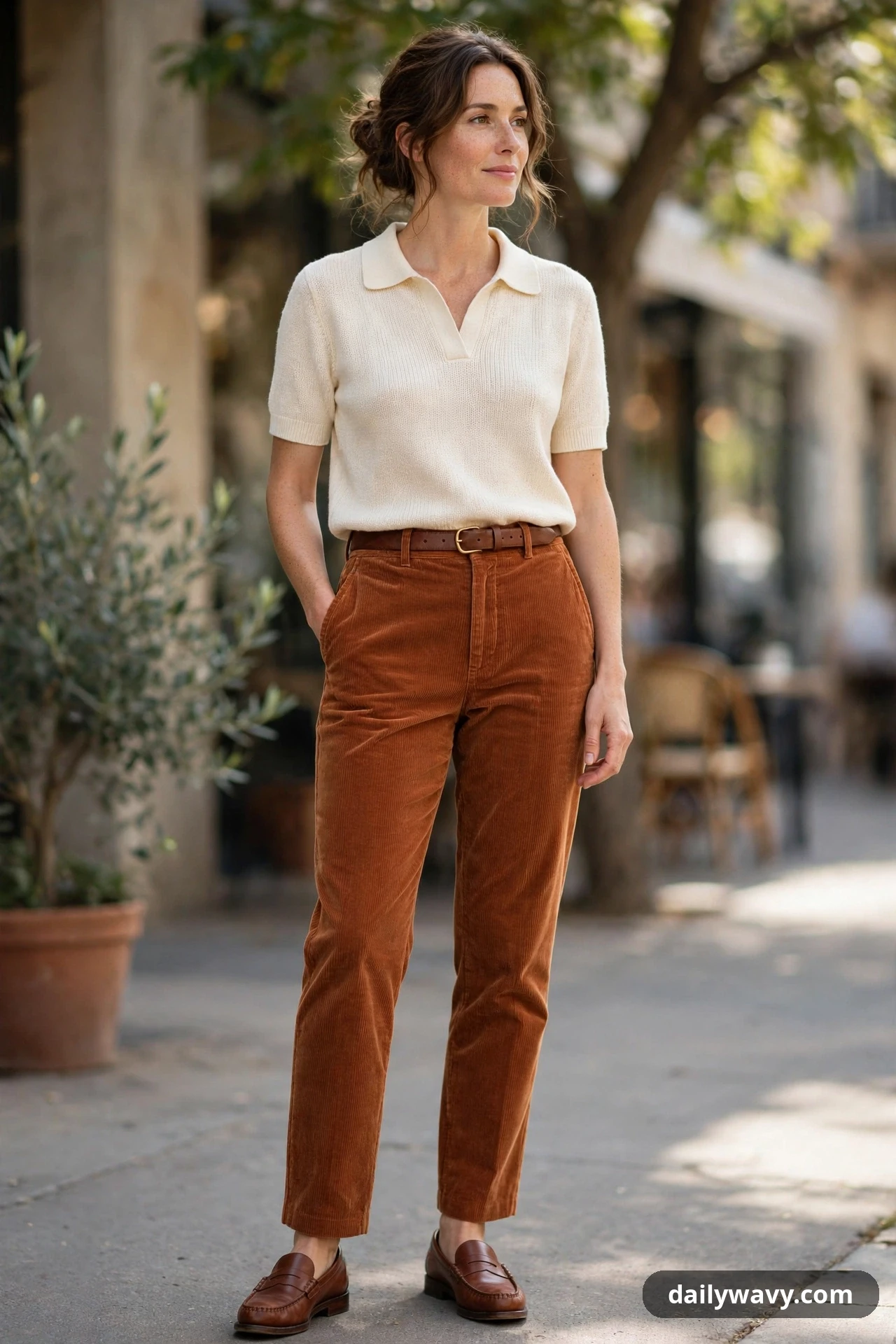 A woman wears rust corduroy trousers with a cream knit polo tucked in and a brown belt, finished with brown loafers.