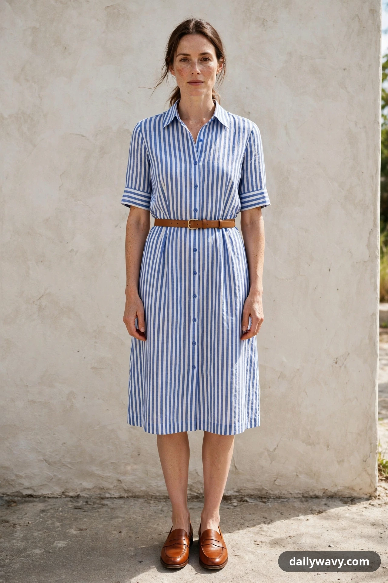 A woman stands against a plain wall wearing a blue-and-white striped shirt dress with a narrow tan belt and tan loafers.