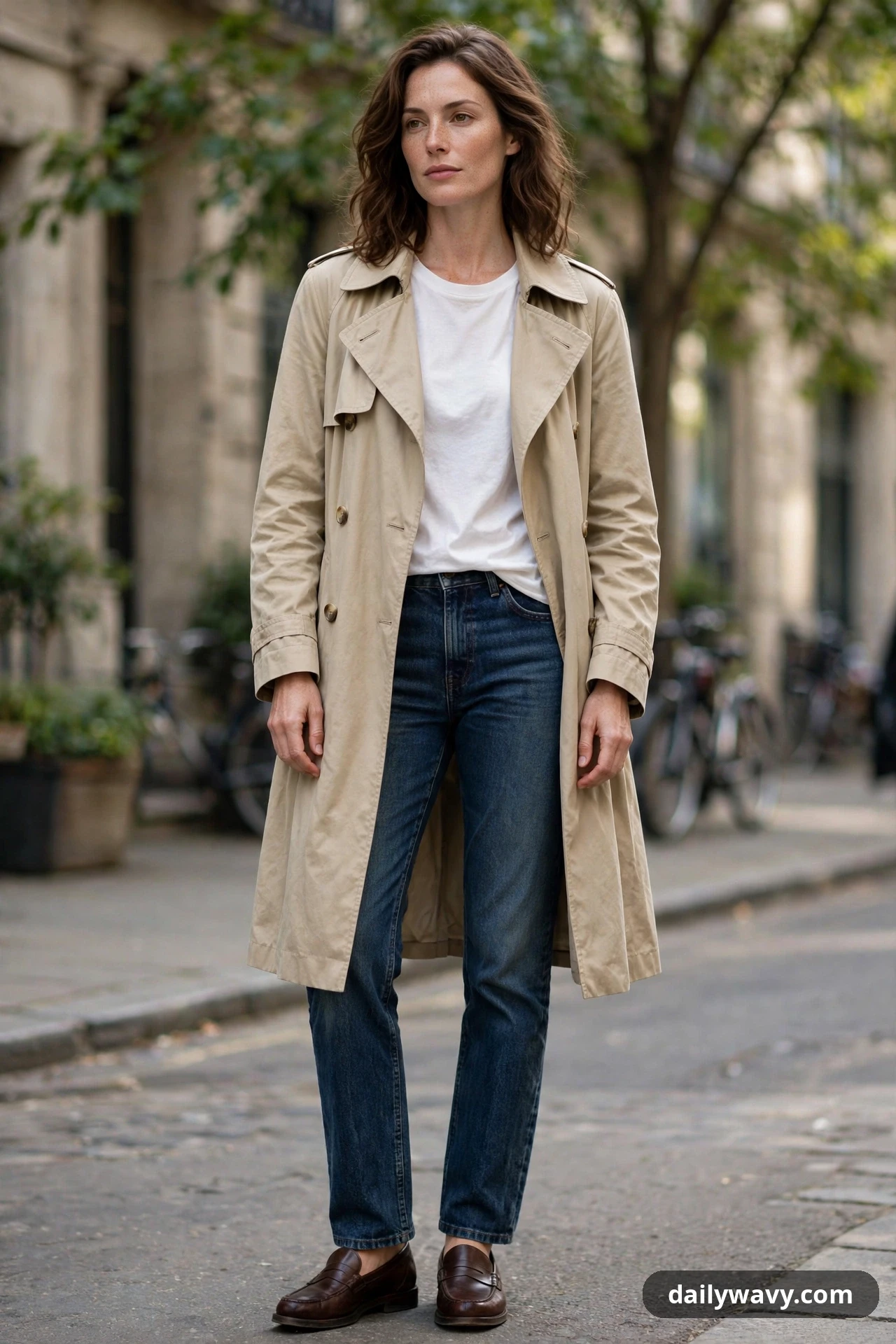 A woman wears dark-wash straight jeans and a white tee under an open beige trench coat, finished with dark brown loafers.