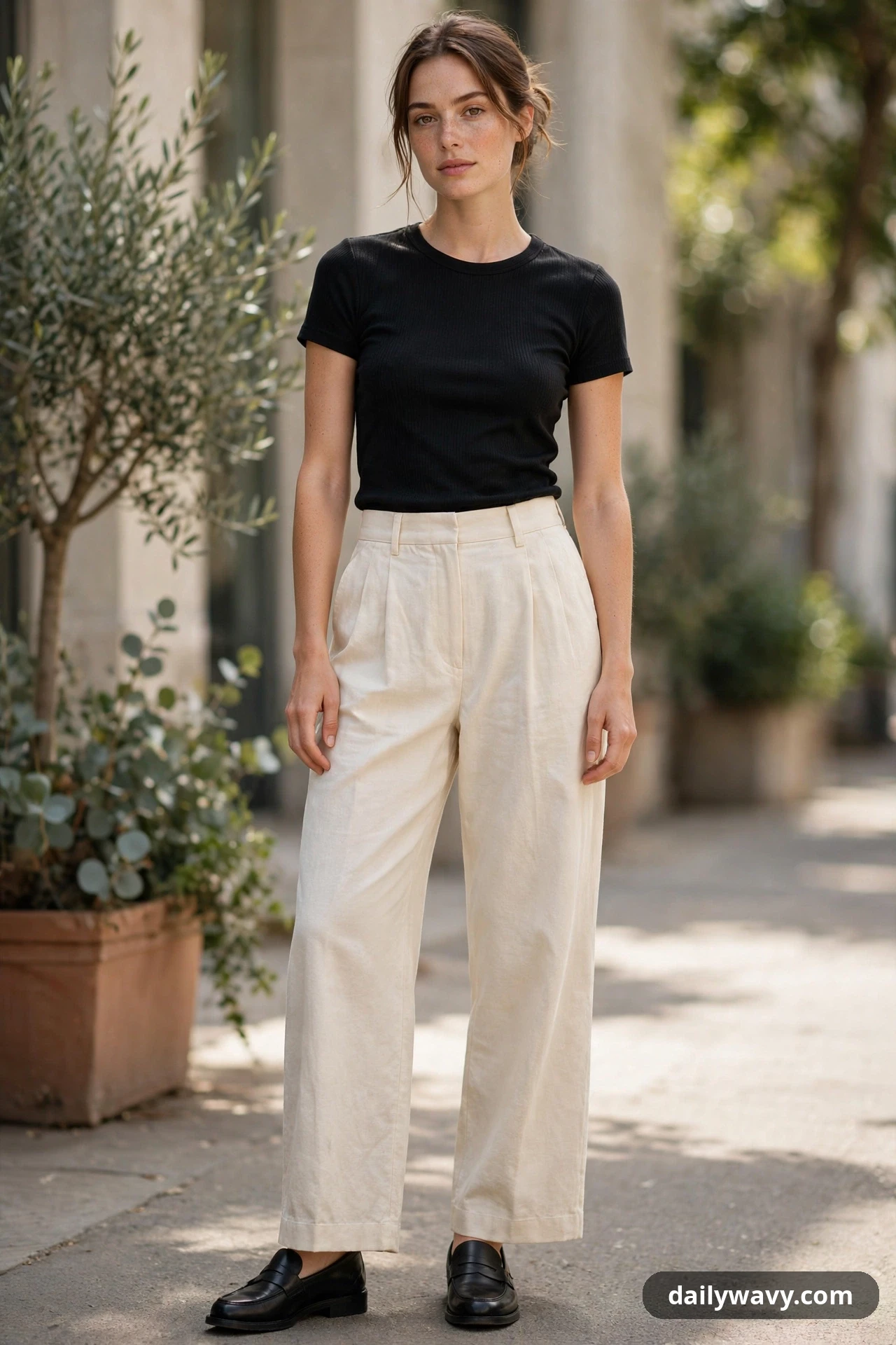 A woman wears cream wide-leg trousers and a fitted black ribbed tee tucked in, with black loafers.