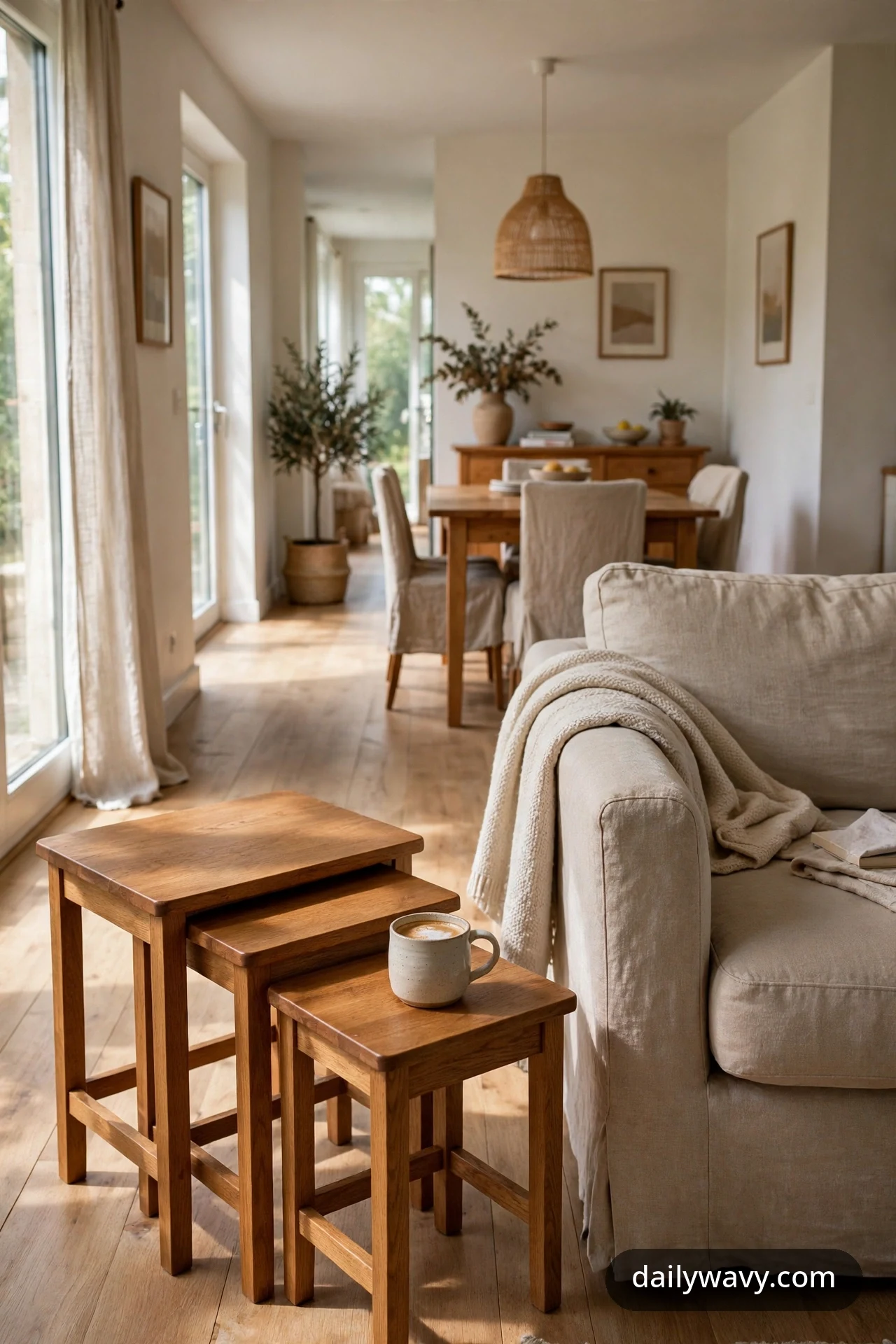 Nesting tables that tuck under each other beside a sofa in a long living room with dining area