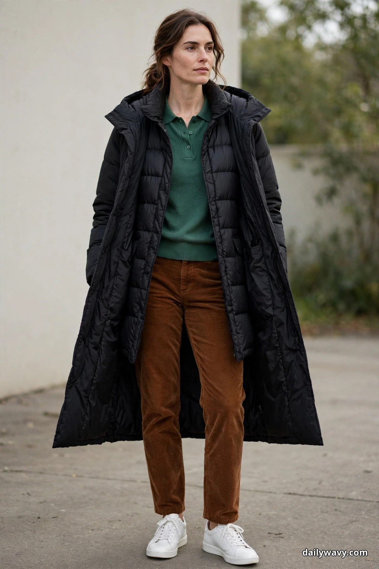 A woman stands full length against a light wall wearing a long black puffer coat open over a forest green knit polo, with rust corduroy trousers and white sneakers