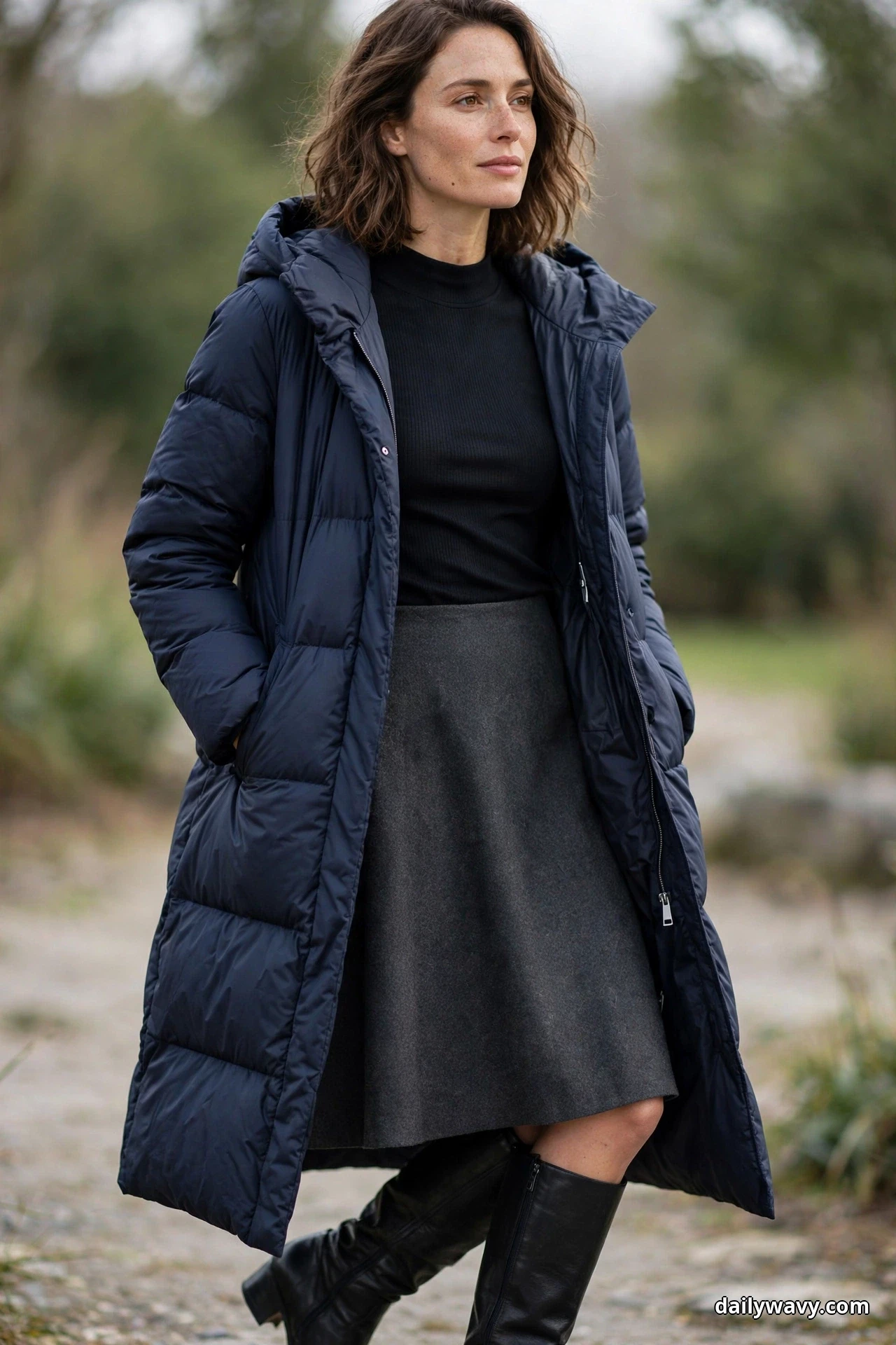 A woman walks outdoors in a three-quarter pose wearing a long navy puffer coat open over a black mock-neck top, with a charcoal A-line midi skirt and black knee-high boots