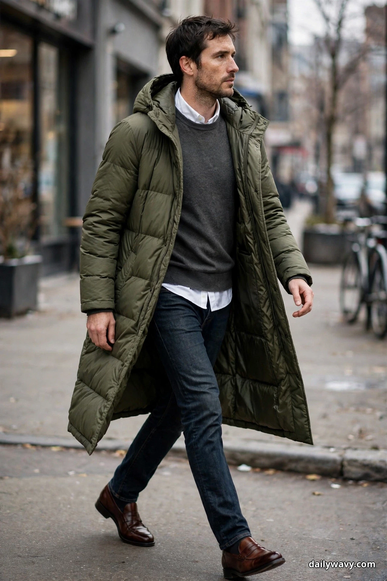 A man walks along a city sidewalk wearing a long olive puffer coat open over a white shirt layered under a charcoal crewneck sweater, with dark straight jeans and brown leather loafers