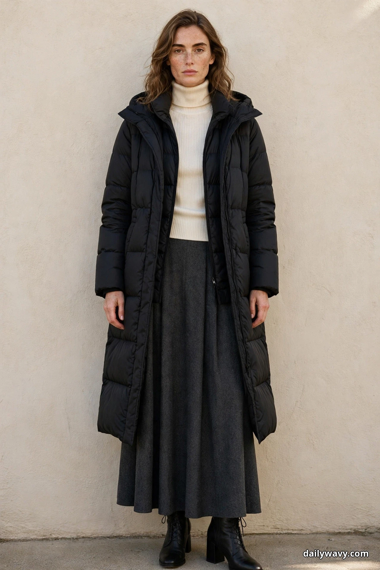 A woman stands full length against a beige wall wearing a long black puffer coat open over a cream ribbed turtleneck, with a charcoal maxi skirt and black lace-up ankle boots with block heels