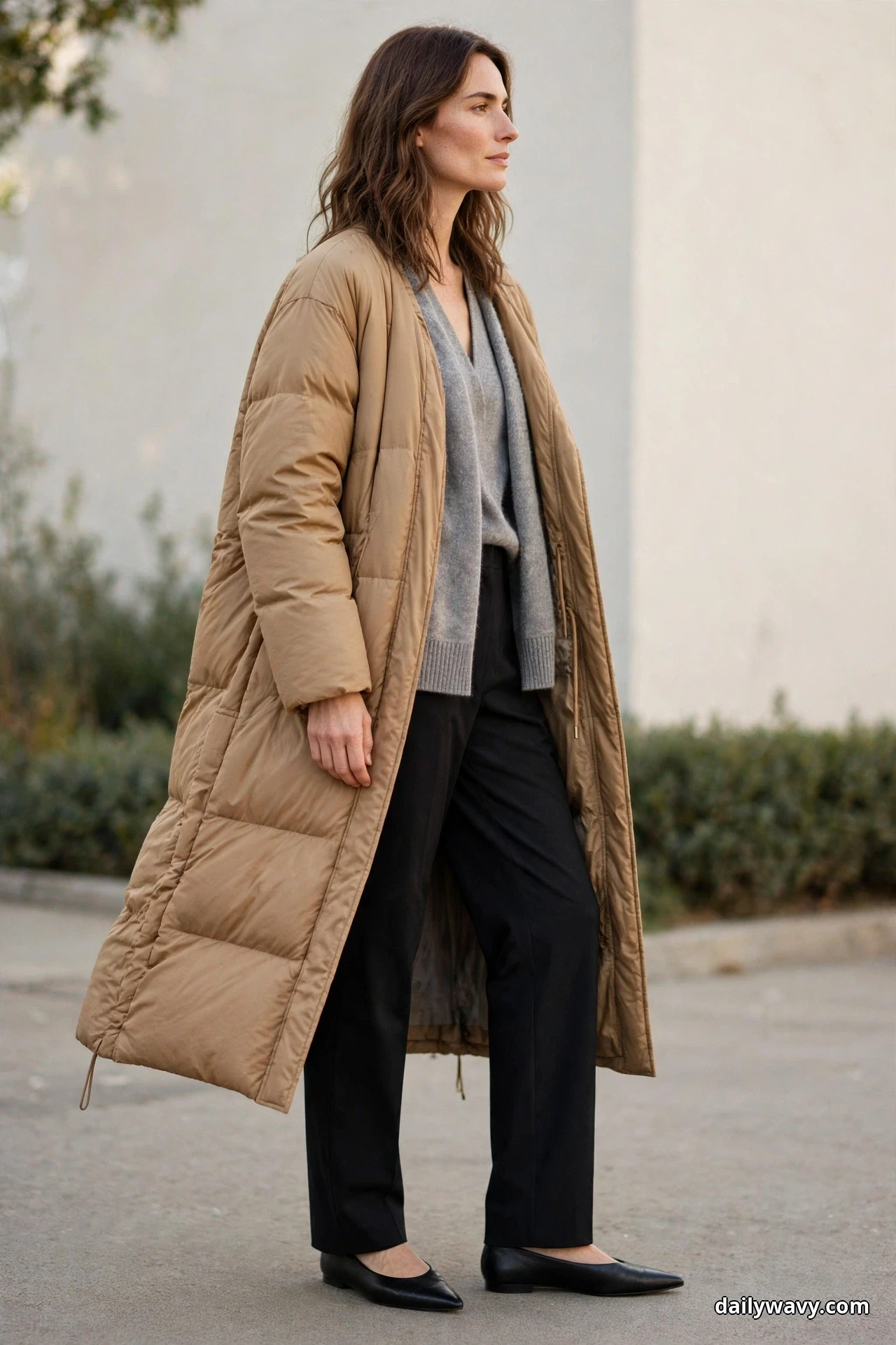 A woman stands in profile against a light wall wearing a long camel puffer coat open over a gray V-neck cardigan, with black straight trousers and black pointed flats
