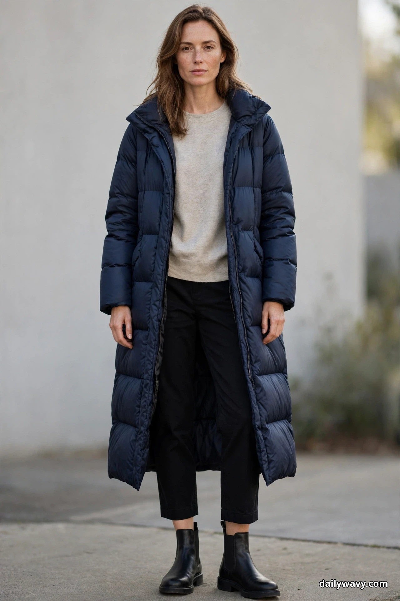 A woman stands full length against a light wall wearing a long navy puffer coat open over an oatmeal crewneck sweater, with black cropped trousers and black Chelsea boots