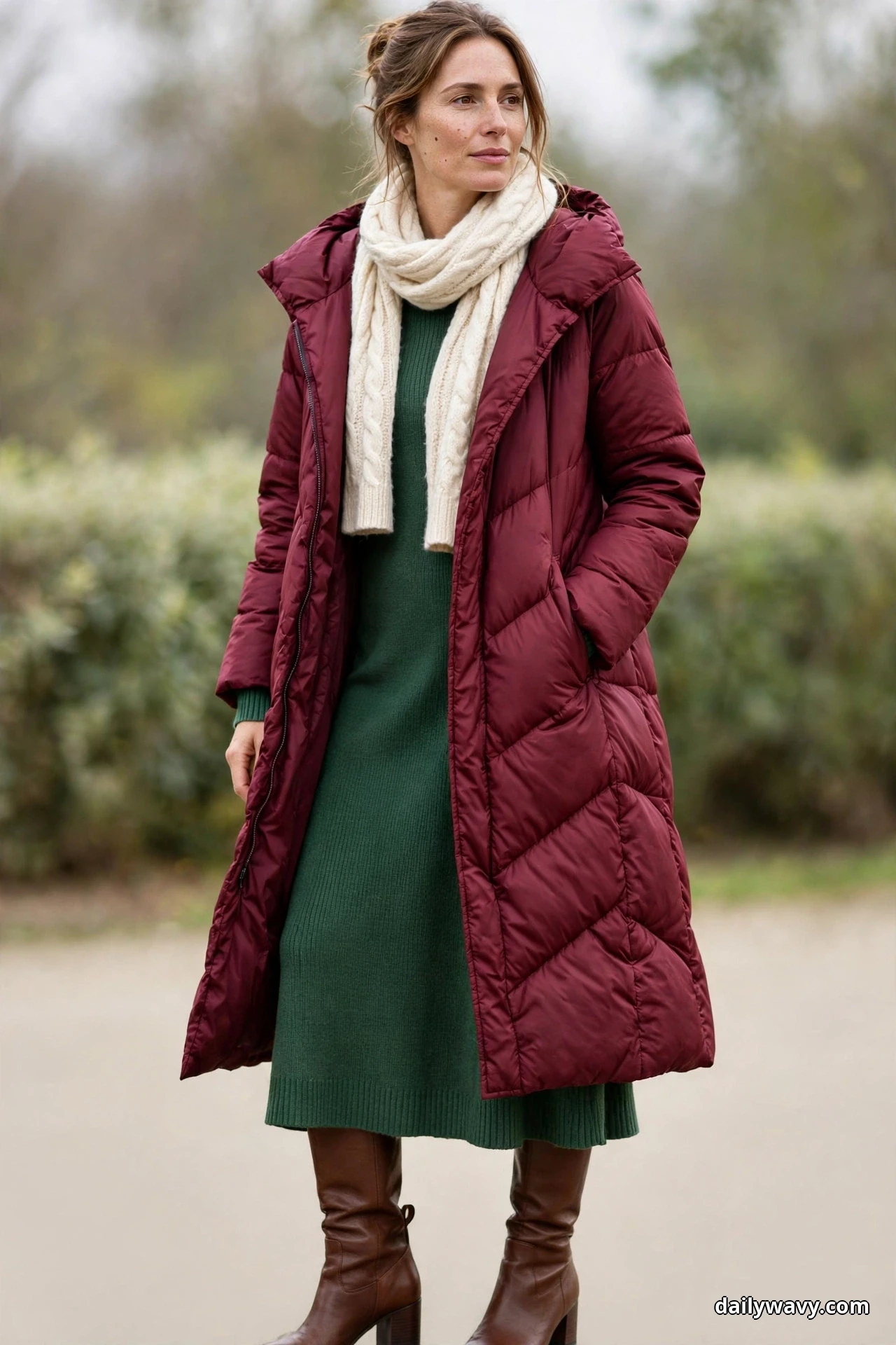 A woman stands outdoors wearing a long burgundy chevron-quilted puffer coat open over a forest green knit midi dress, with a cream cable-knit scarf and brown block-heel knee-high boots