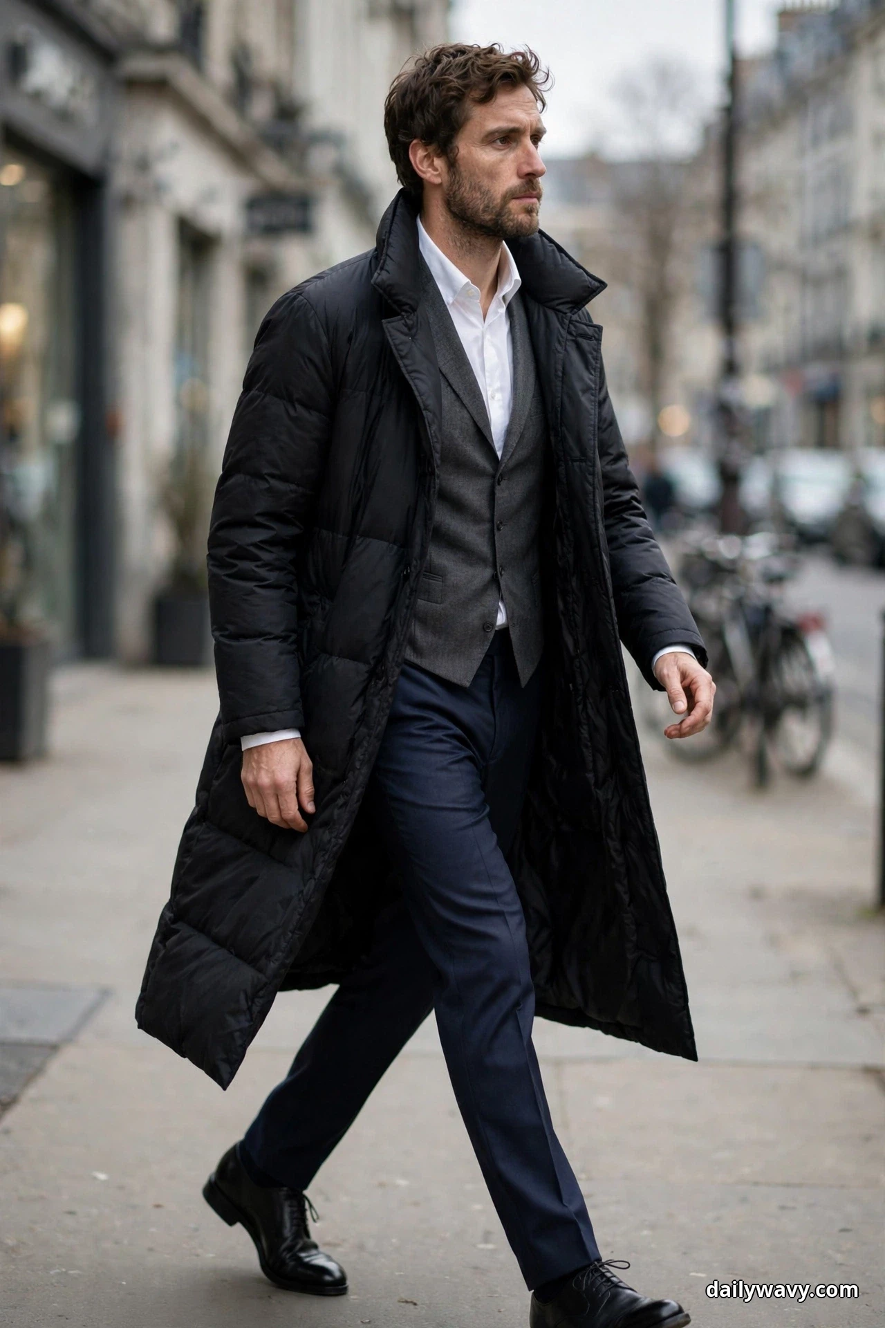 A man walks along a city sidewalk wearing a long black puffer coat open over a white button-down shirt and a gray tailored vest, with navy tailored trousers and black lace-up derby shoes