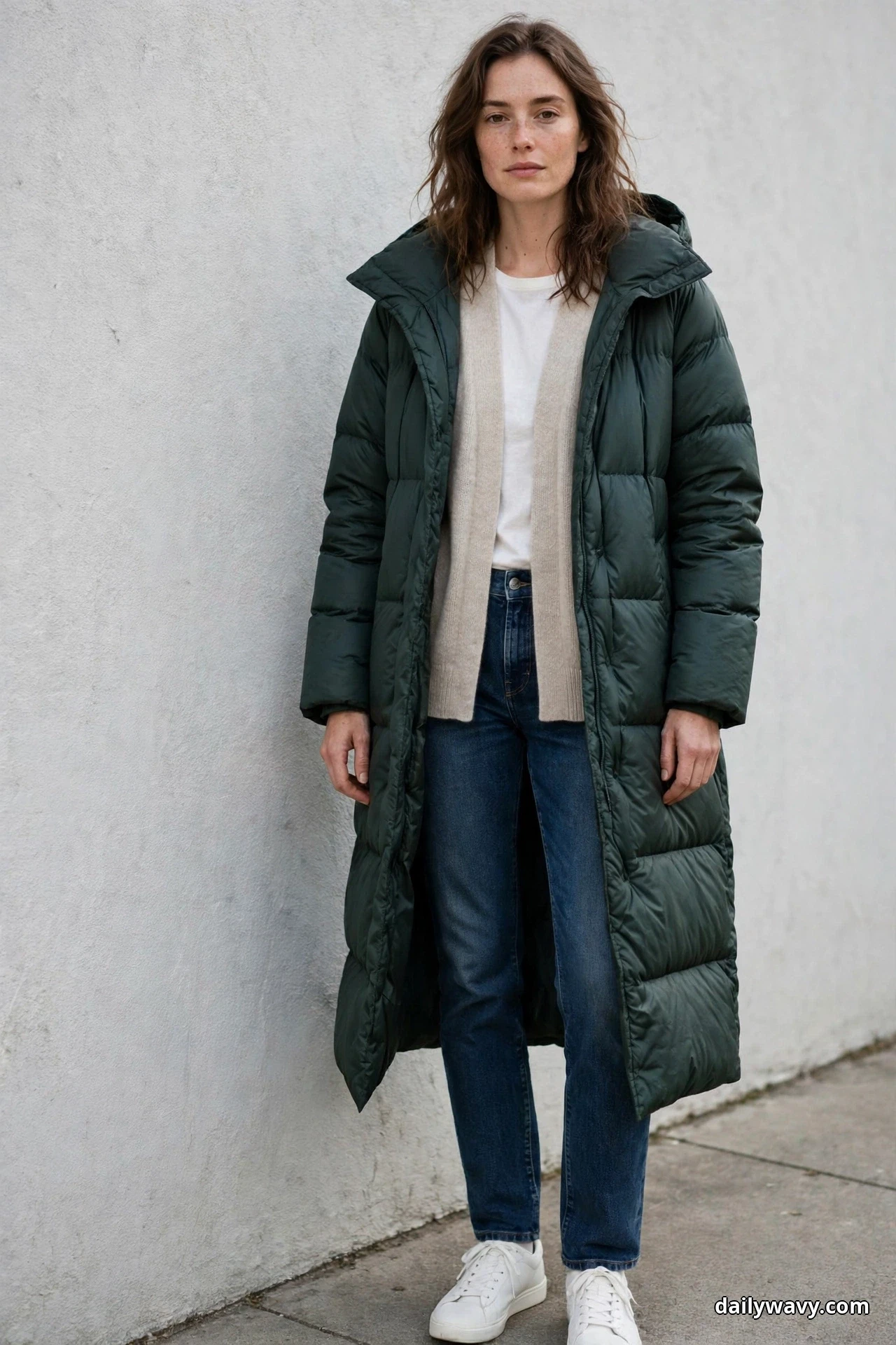 A woman stands full length against a white wall wearing a long dark green puffer coat open over a white tee layered under a long oatmeal cardigan, with dark straight jeans and white sneakers