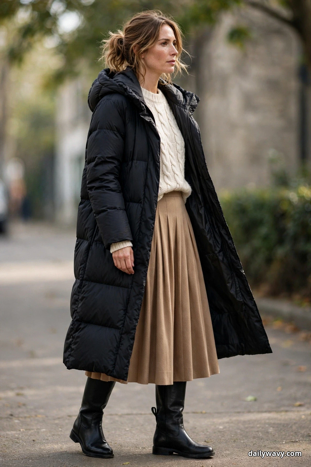 A woman stands in a three-quarter pose on a tree-lined street wearing a long black hooded puffer coat open over a cream cable-knit sweater, with a camel pleated midi skirt and black knee-high boots