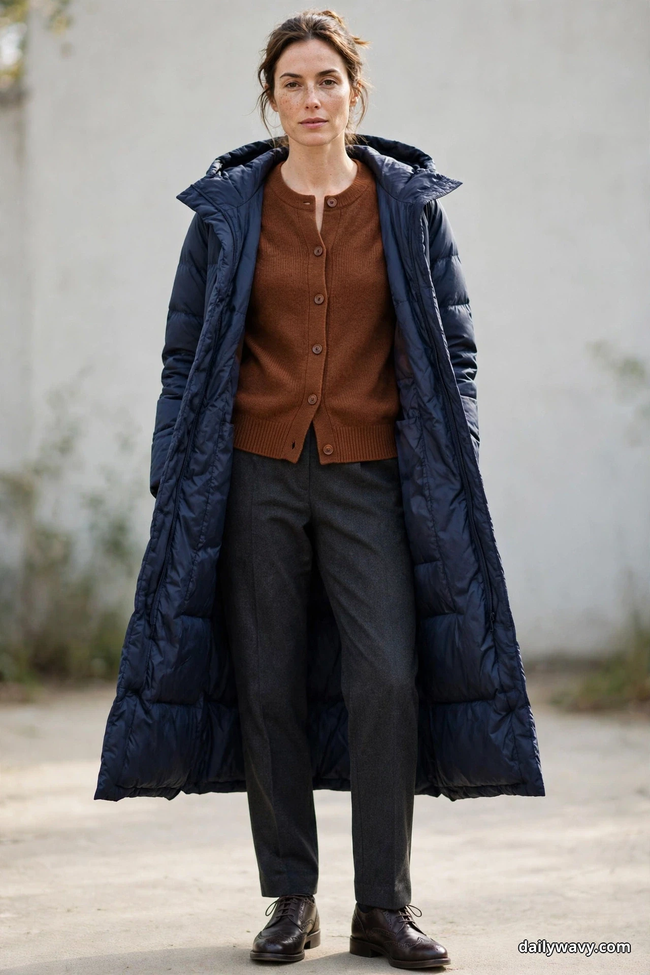 A woman stands full length against a light wall wearing a long navy puffer coat open over a rust buttoned cardigan worn as a top, with charcoal straight wool trousers and dark brown brogue lace-up shoes