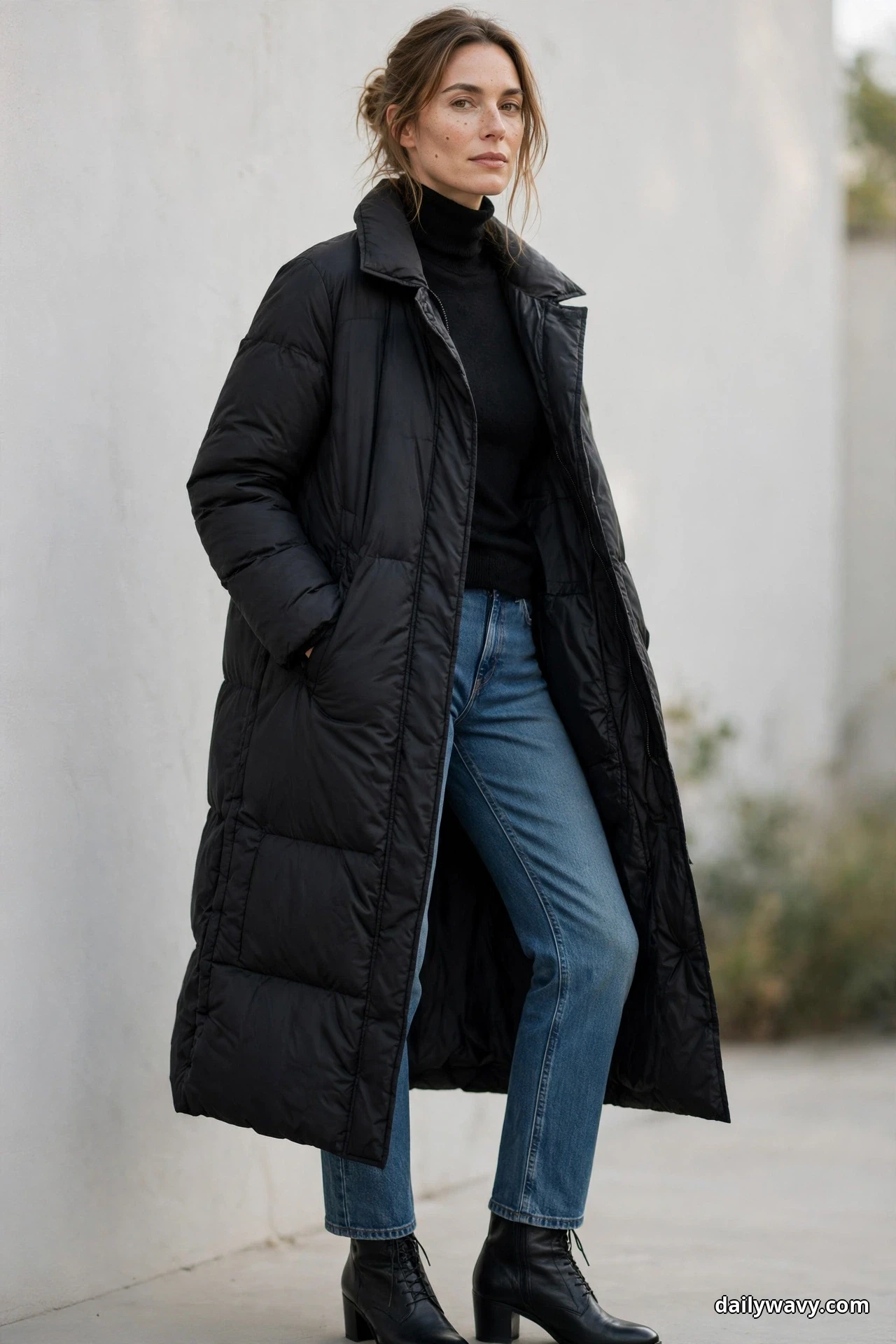 A woman stands in a three-quarter pose against a light wall wearing a long black puffer coat open over a black turtleneck, with medium-wash straight jeans and black lace-up ankle boots with block heels