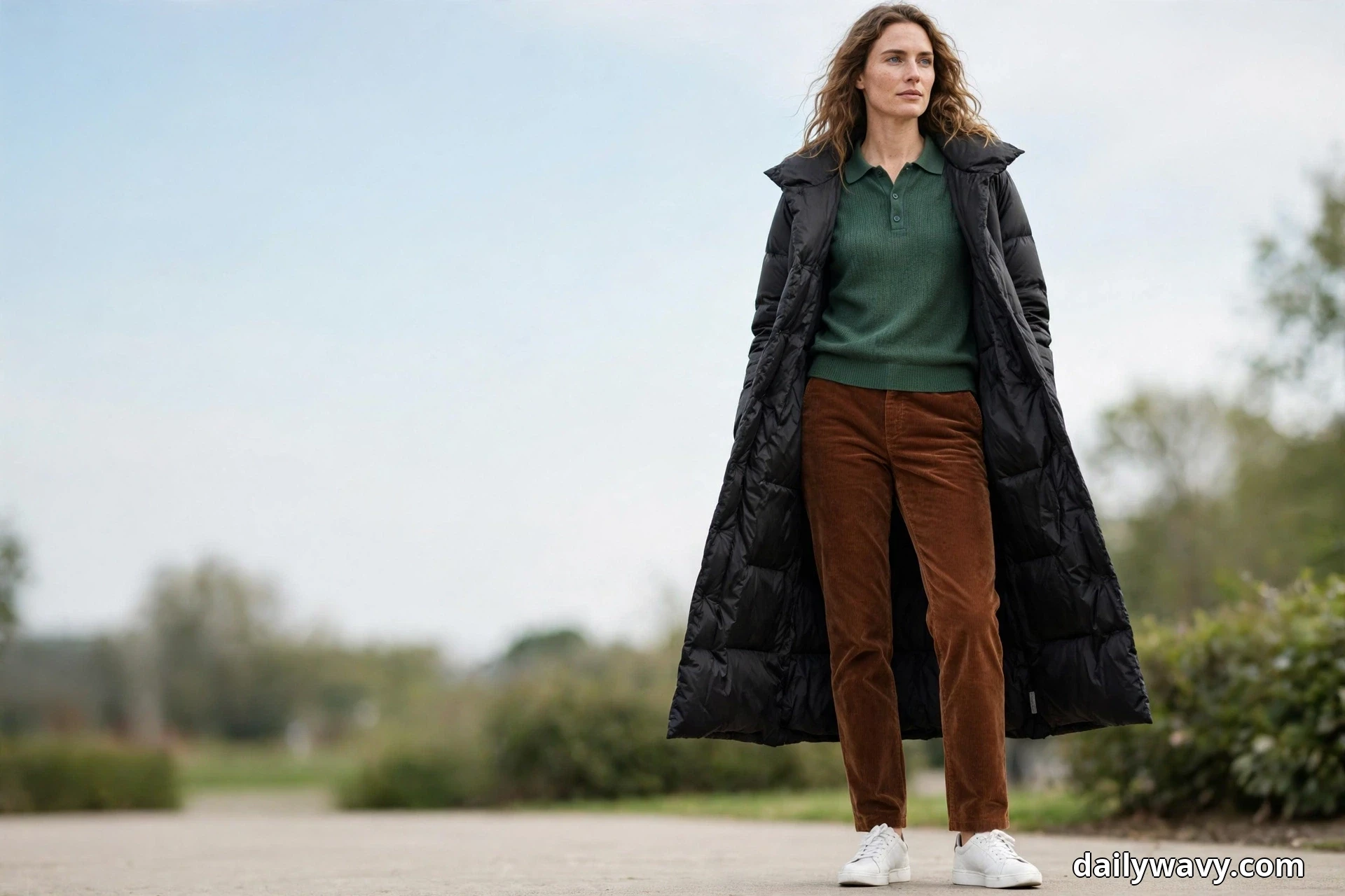 A woman stands full length outdoors on an open path wearing a long black puffer coat open over a forest green knit polo and rust corduroy trousers, with white sneakers