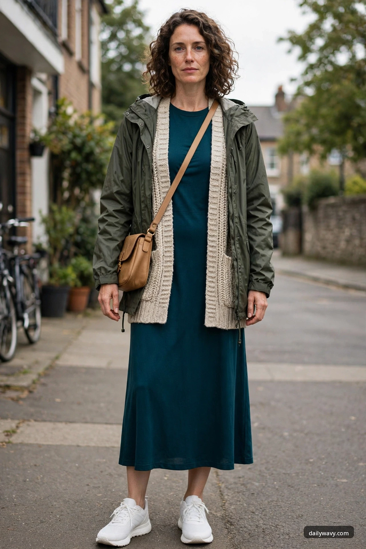 A closer front view of the woman on a residential street wearing a teal jersey midi dress, an oatmeal chunky-knit cardigan and an open olive green hooded rain shell, with a tan leather crossbody bag and white sneakers.