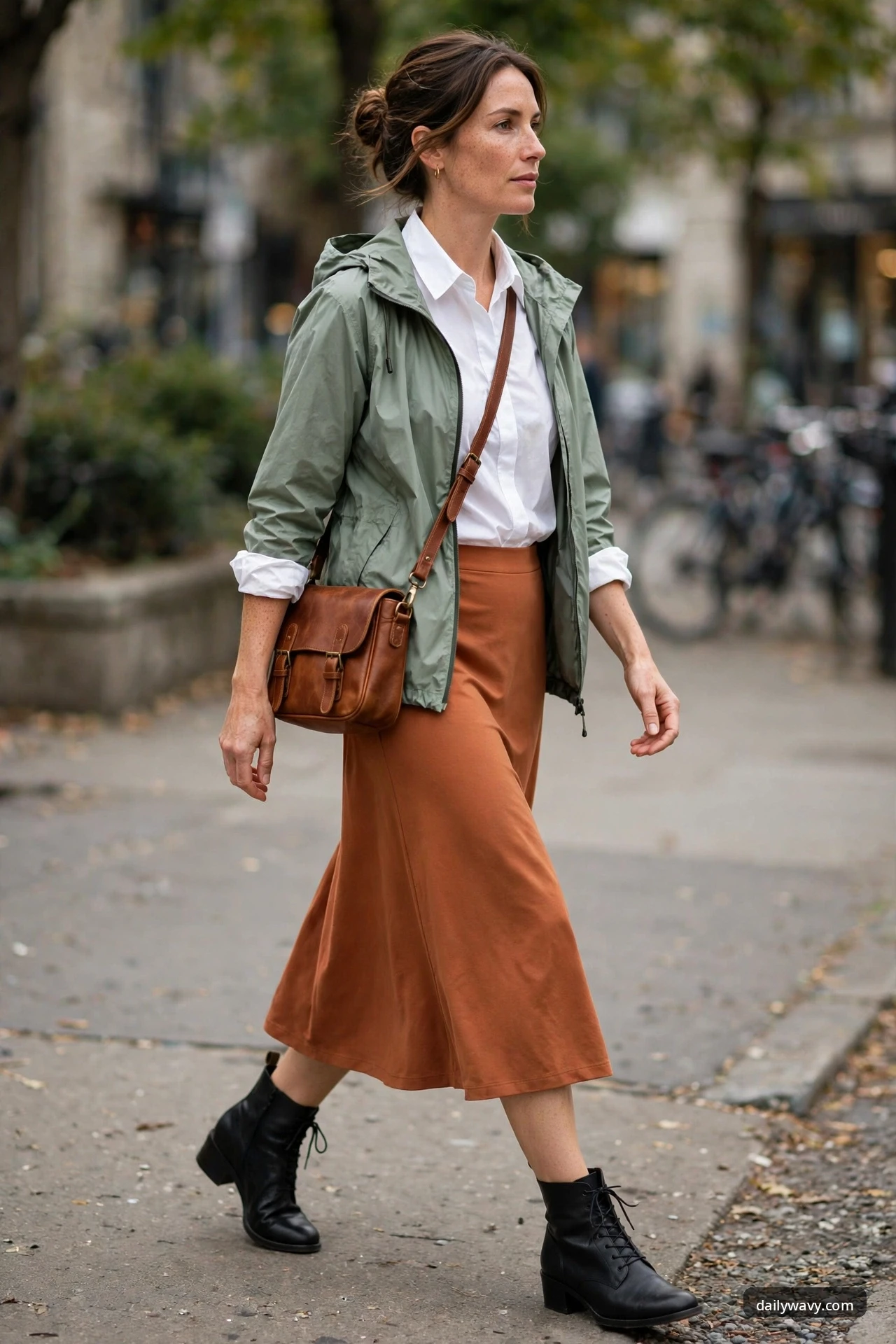 A woman walks along a sidewalk wearing a white cotton button-down shirt with rolled sleeves tucked into a rust A-line midi skirt, an open sage green hooded rain jacket, a brown leather crossbody bag and black lace-up block-heel ankle boots.