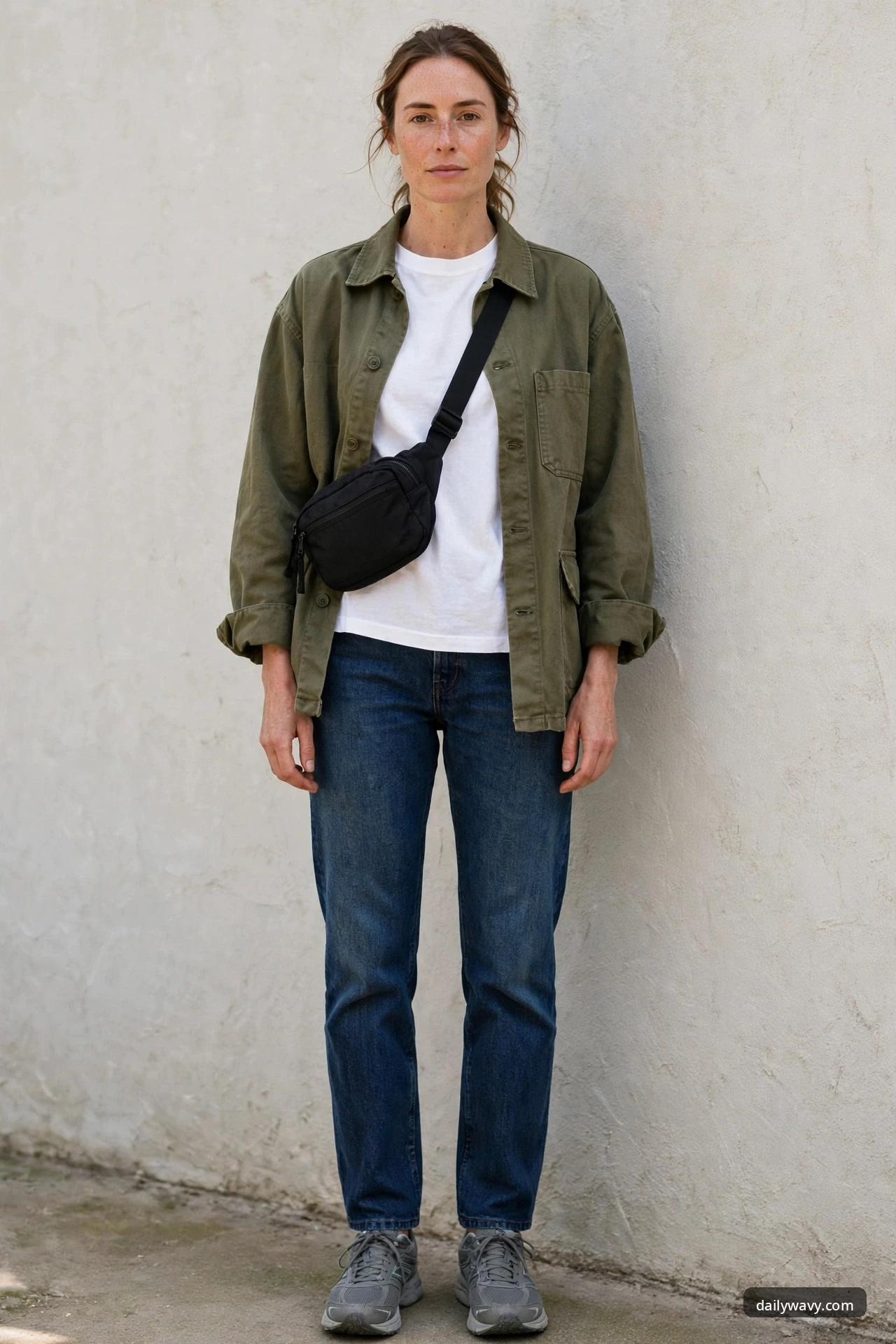 A woman stands against a plain stucco wall wearing an olive green utility overshirt open over a white tee, dark-wash straight jeans, gray walking sneakers and a black crossbody sling bag.