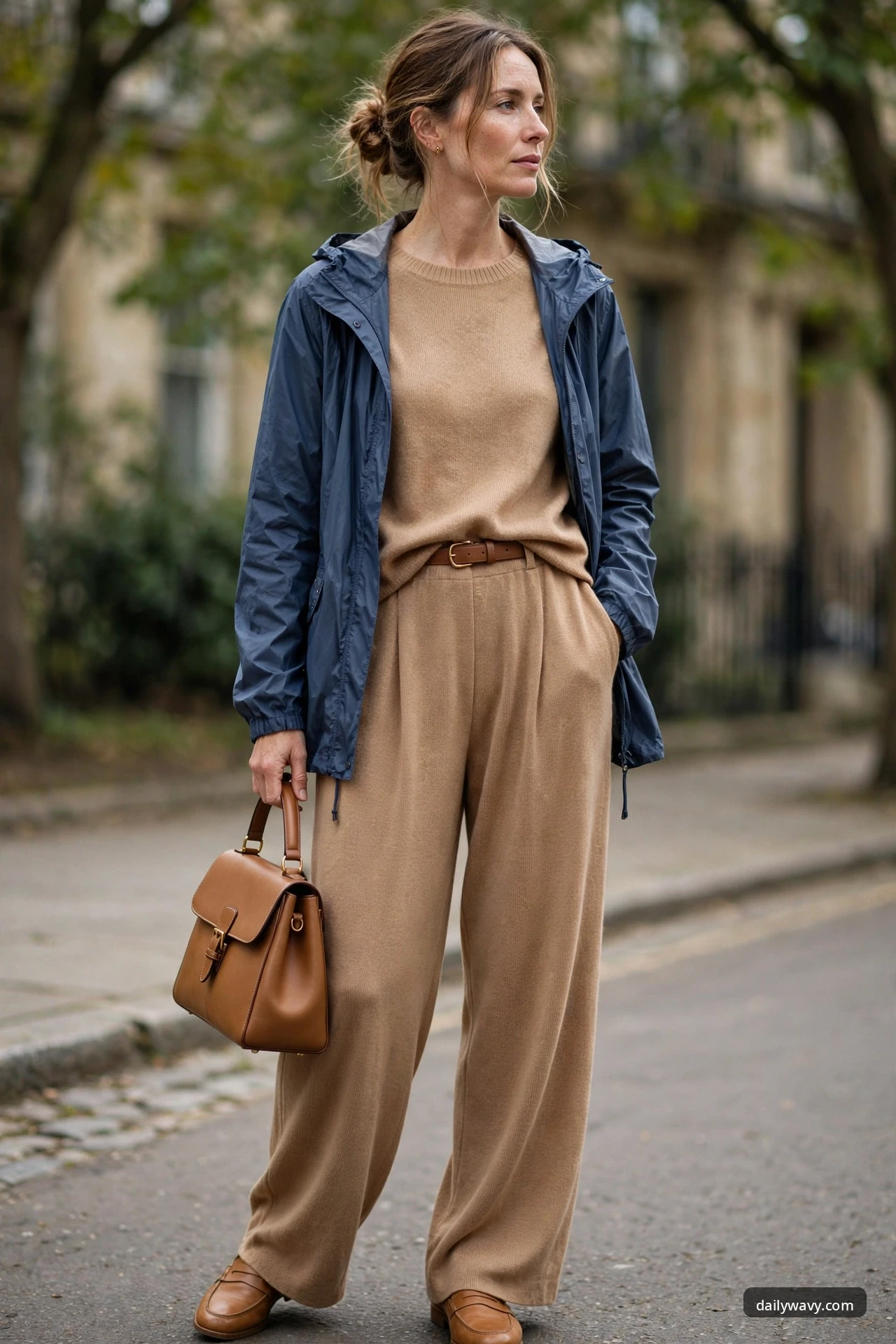 A woman stands on a tree-lined street wearing a camel crewneck knit tucked into wide-leg camel pleated trousers with a brown leather belt, an open navy hooded rain shell, a tan top-handle bag and tan loafers.