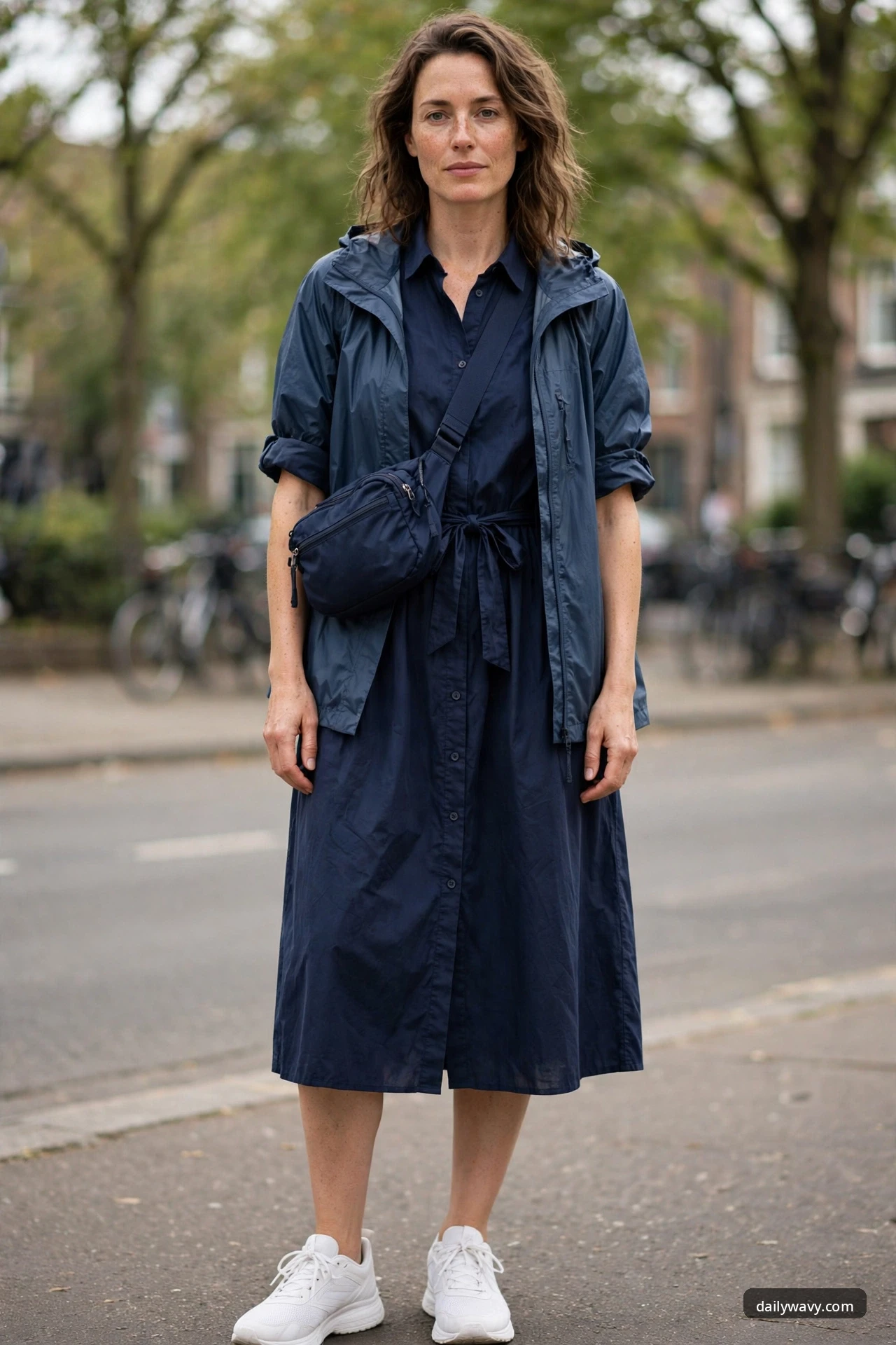 A woman stands on a city street wearing a navy hooded rain shell open over a navy button-front shirt dress with a tie waist, with white sneakers and a navy crossbody sling bag.