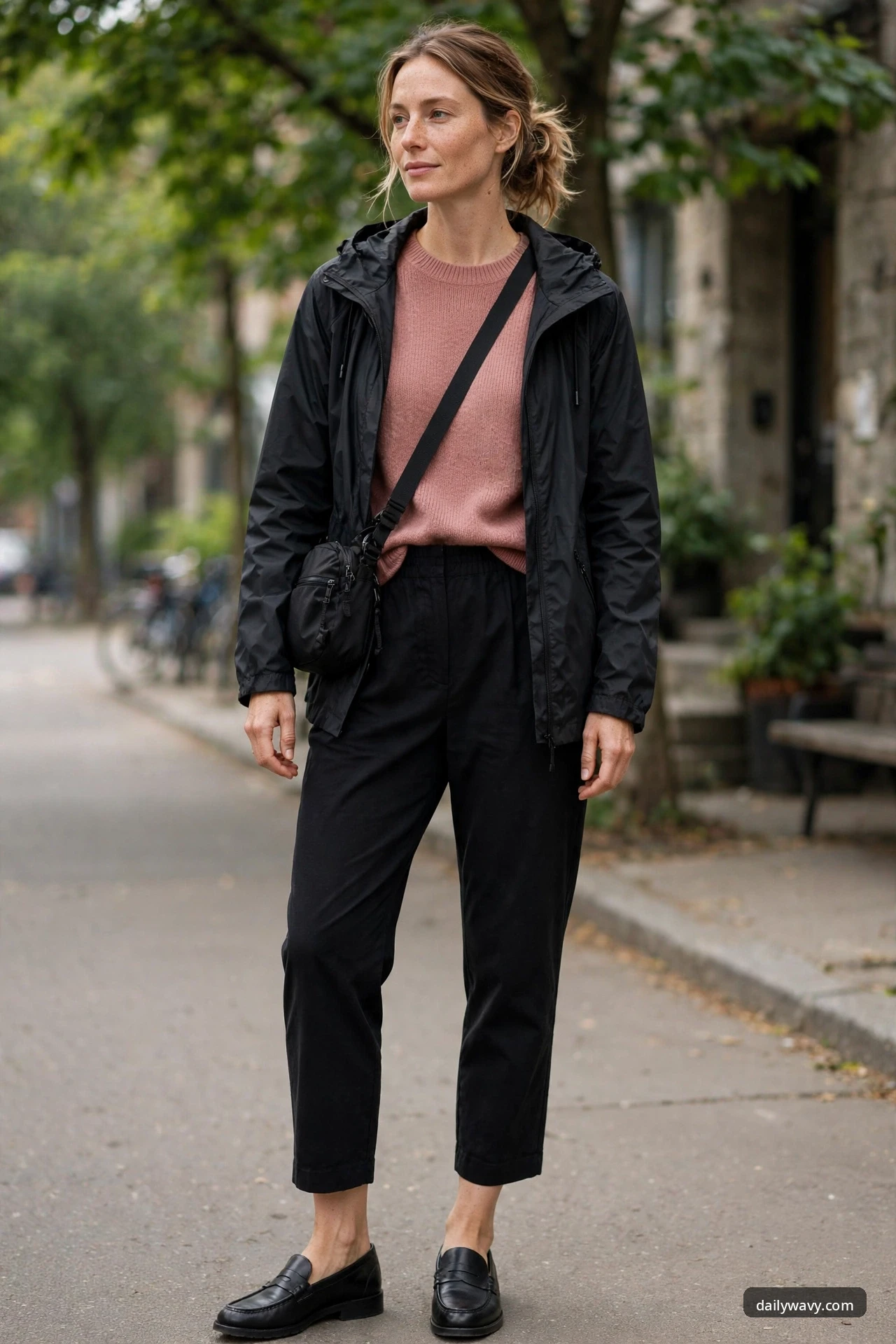 A woman stands on a tree-lined street wearing a black hooded rain shell open over a dusty rose crewneck knit tucked into black cropped tapered trousers, with black loafers and a black crossbody sling bag.