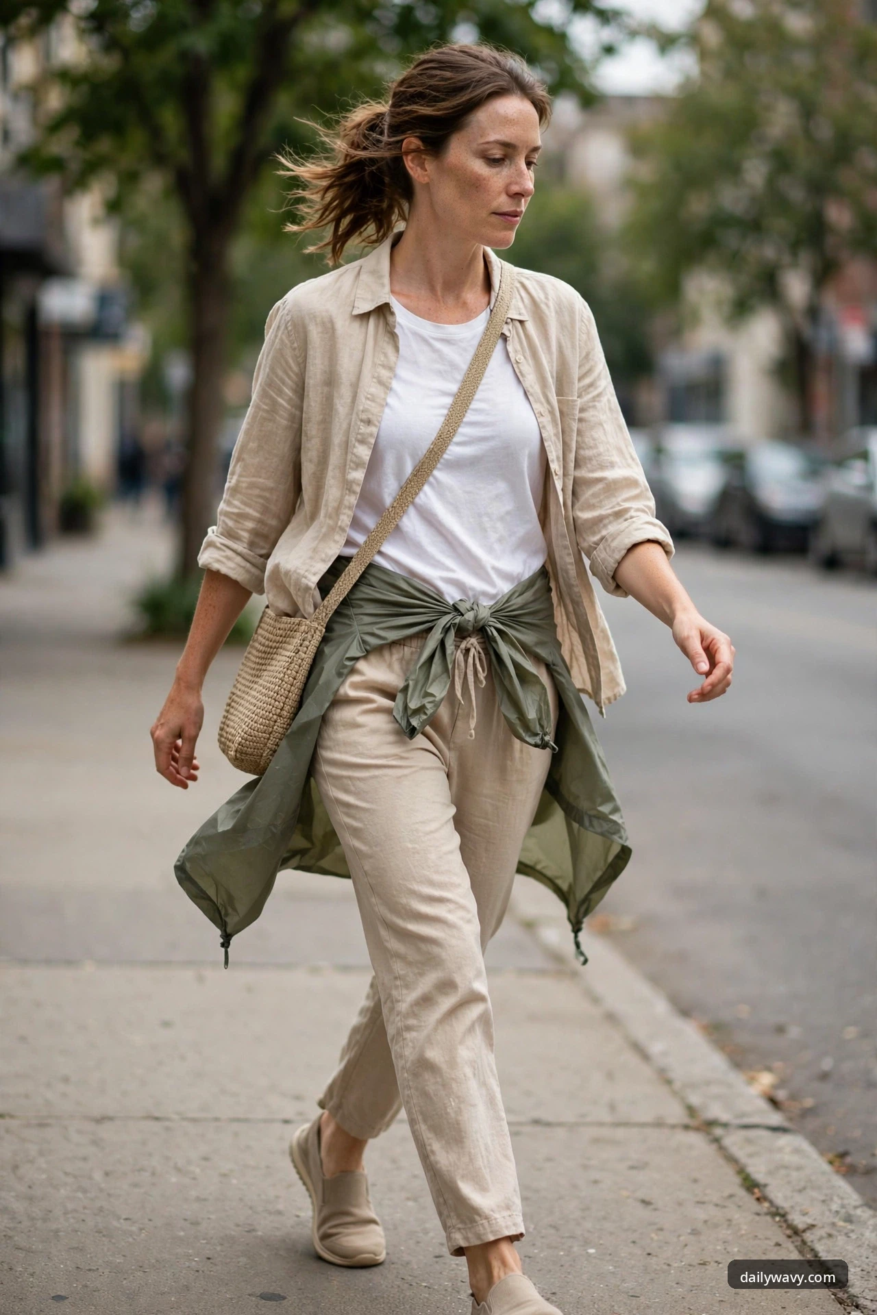 A woman walks mid-stride on a city sidewalk wearing a sand linen button-front shirt open over a white tee, oatmeal linen drawstring trousers and an olive rain shell tied around her waist, with beige slip-on sneakers and a woven straw crossbody bag.