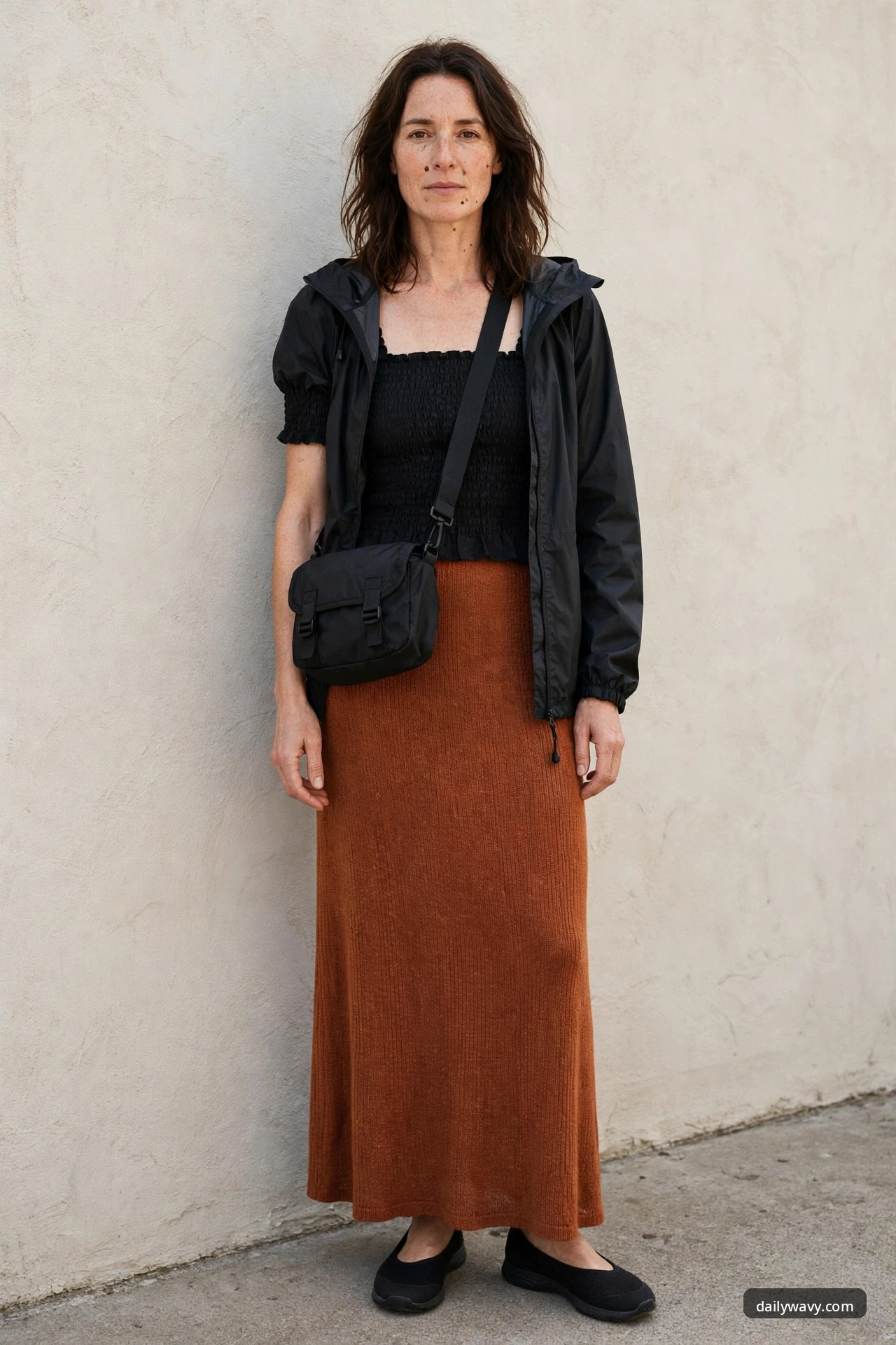 A woman stands against a plain stucco wall wearing a black smocked puff-sleeve top tucked into a rust knit maxi skirt, an open black hooded rain shell, a black crossbody camera bag and black ballet flats.