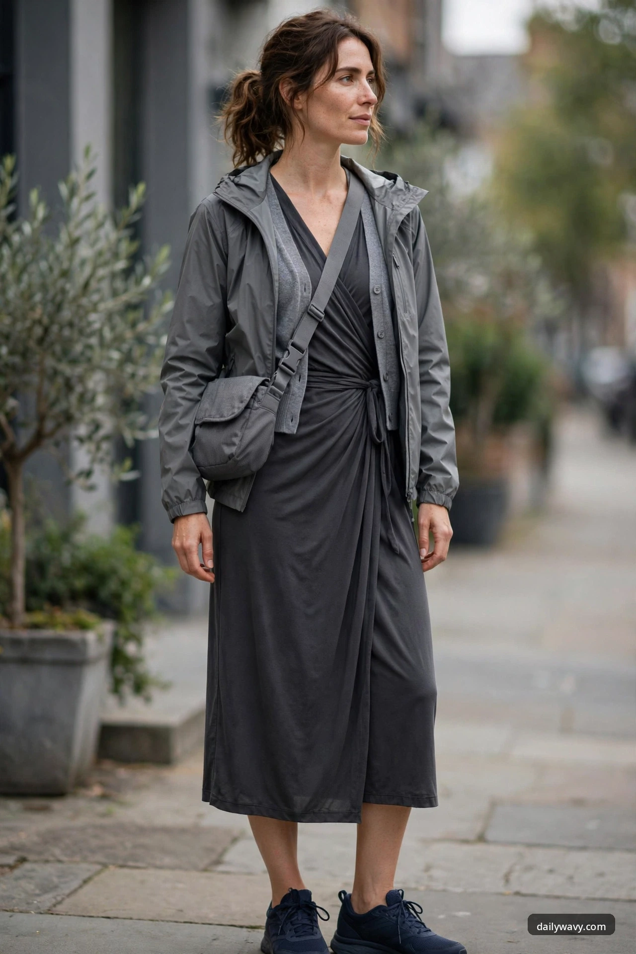 A woman stands on a stone sidewalk wearing a charcoal jersey wrap midi dress under an open gray hooded rain shell, with a gray crossbody sling bag and navy walking sneakers.