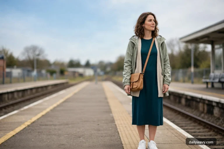 Wide view of a woman standing on a train platform wearing a teal jersey midi dress, an oatmeal chunky-knit cardigan and an open olive green hooded rain shell, with a tan leather crossbody bag and white sneakers.